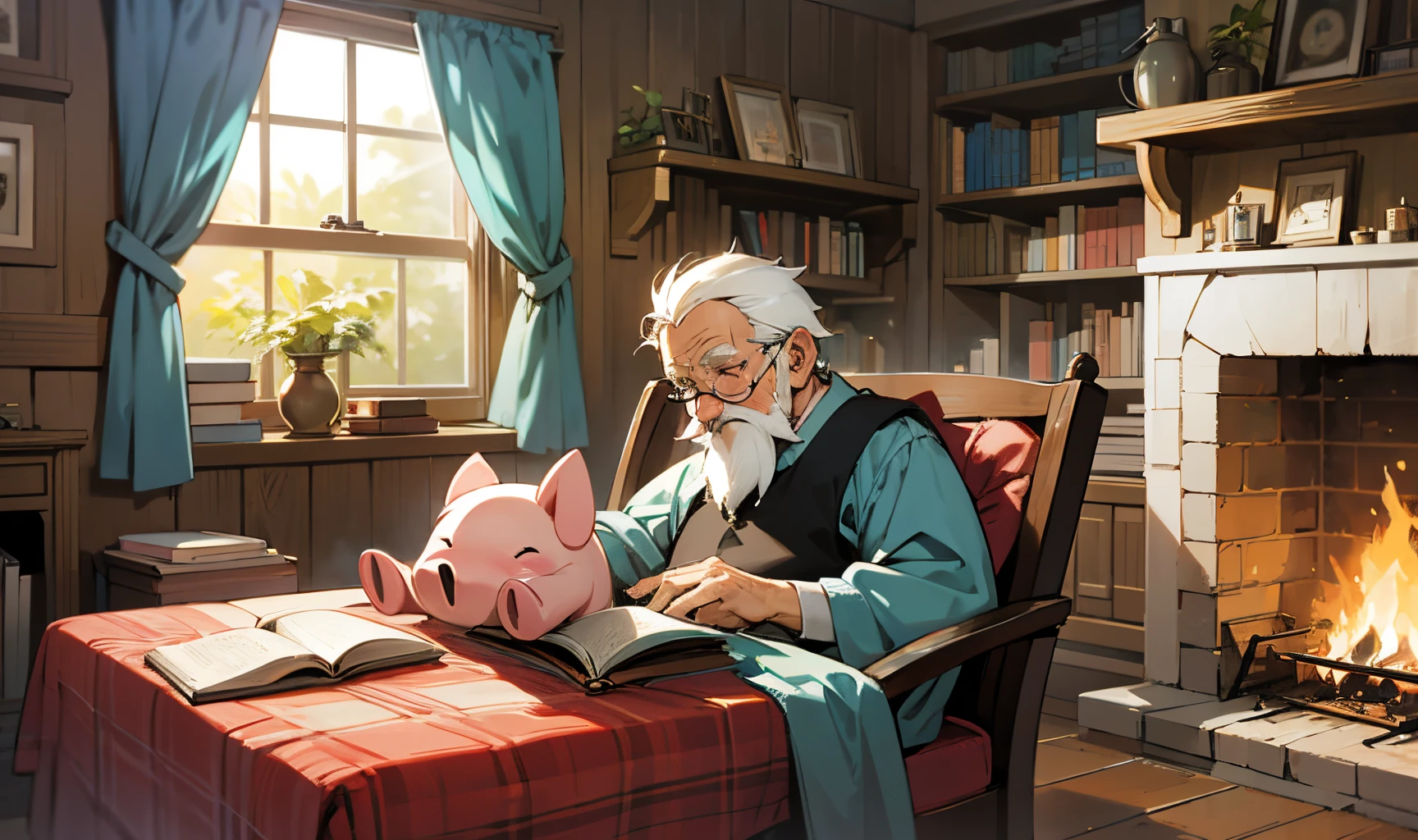warm style ,A little pig sleeping,old house,fire, an old man read a book --auto --s2