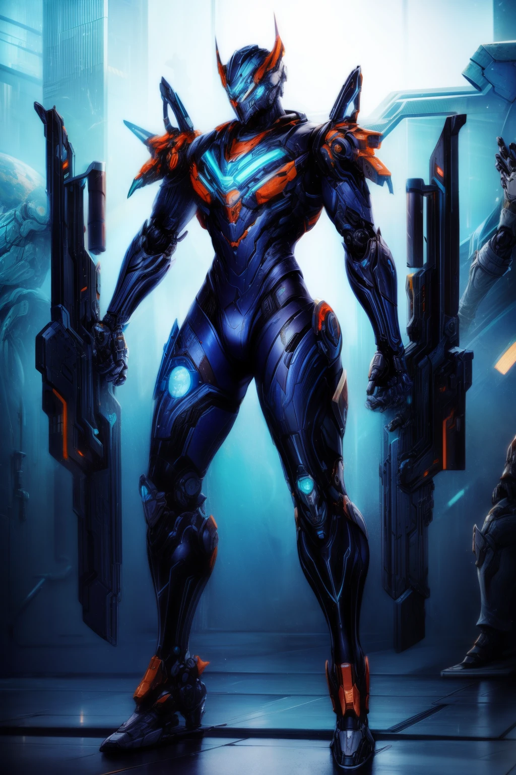 Put on the robot suit, Mechanical Wonder, cyber punk personage, cybernetic guardians, futuristic armor, Full body lesbian, front poses, RHAD, iintricate (Steel metal [rust]), Unity, warframe style, Cyborg, Male body and armor, chainsawman
