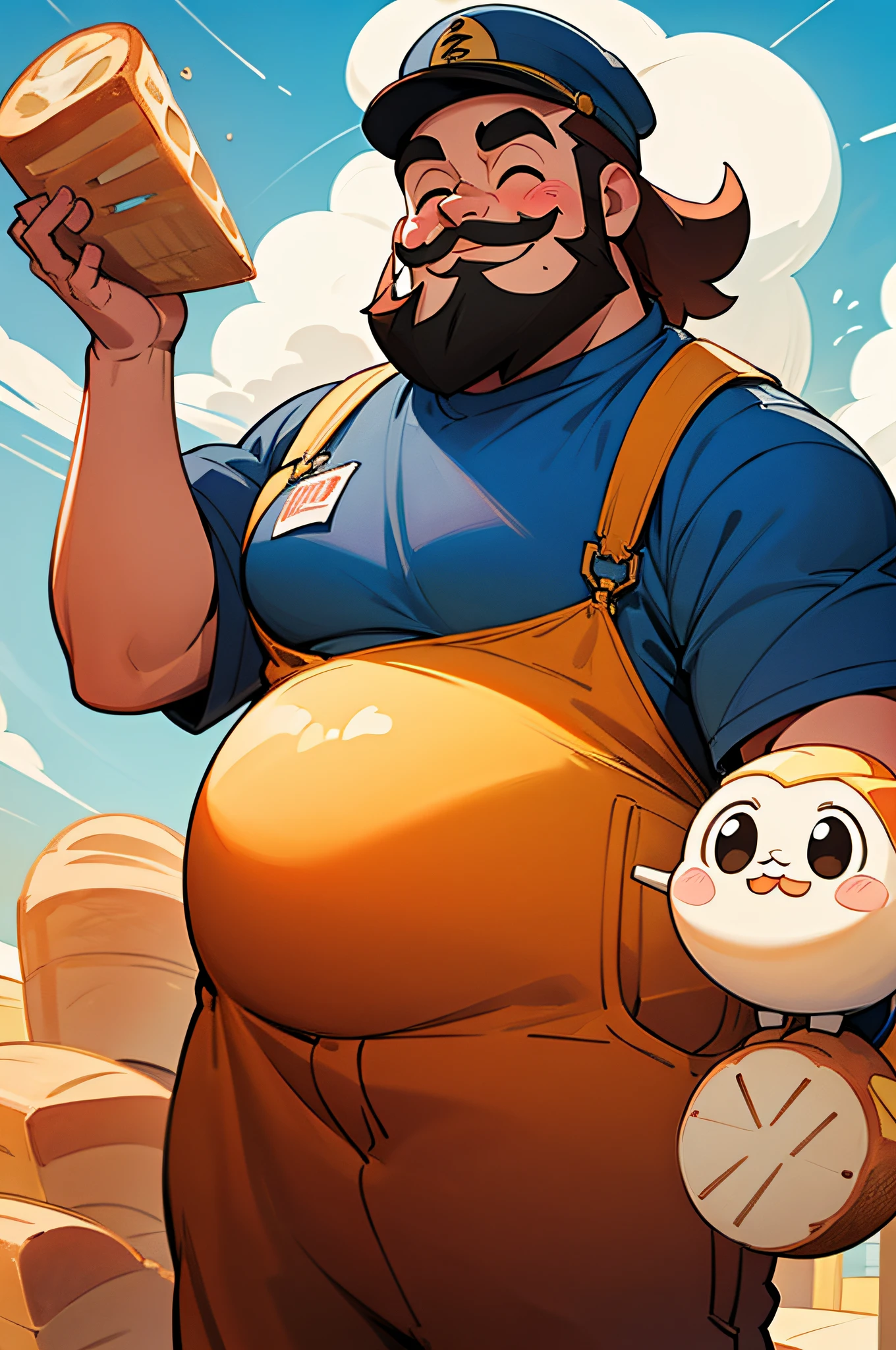 very fat man，Has a fat and cute face，big beard，Wear short sleeves，Hold your belly，round arms，Wearing a cool peaked cap，Happy holding a plate of bread in the sun，Wearing overalls，Q version，Moe new，Figures，kawaii。