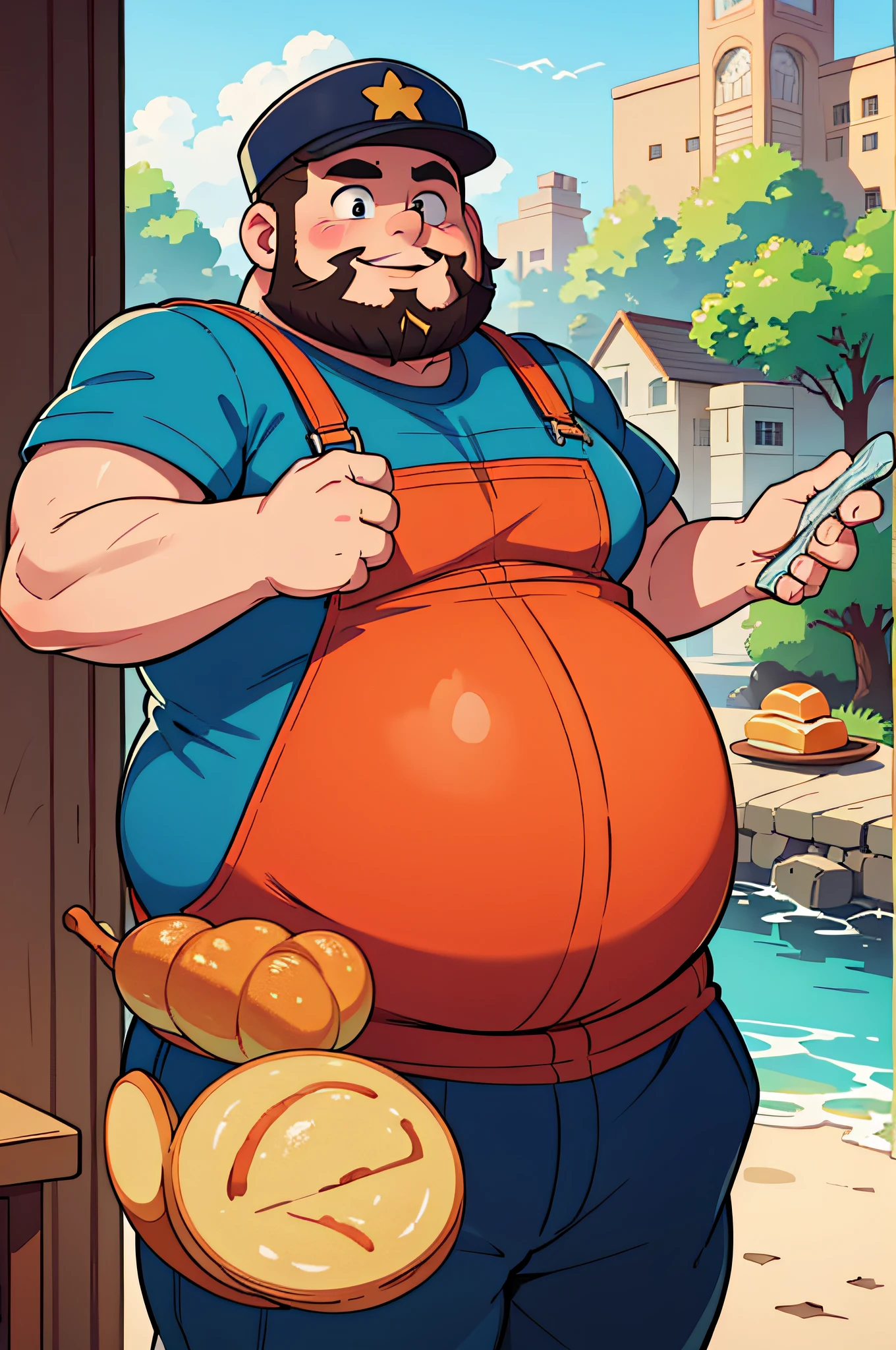 very fat man，Has a fat and cute face，big beard，Wear short sleeves，Hold your belly，Wearing a cool peaked cap，Happy holding a plate of bread in the sun，Wearing overalls，Q version，