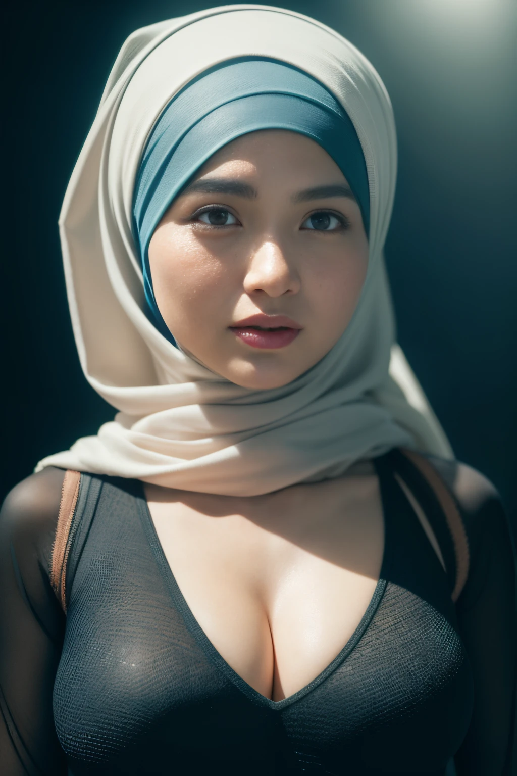 superhero, javanese, (((hijabi))), cleavage, reflection light, chiaroscuro, depth of field, cinematic lighting, ray tracing, Sony FE GM, UHD, super detail, masterpiece, textured skin, high details, best quality, award winning，3D,hdr（HighDynamicRange）,Ray tracing,NVIDIA RTX,Hyper-Resolution,Unreal 5,Subsurface scattering、PBR Texture、post-proces、Anisotropy Filtering、depth of fields、maximum definition and sharpness、Many-Layer Textures、Albedo e mapas Speculares、Surface coloring、Accurate simulation octane rendering of light-material interactions、Two-colored light、largeaperture、Low ISO、White balance、the rule of thirds、8K raw data