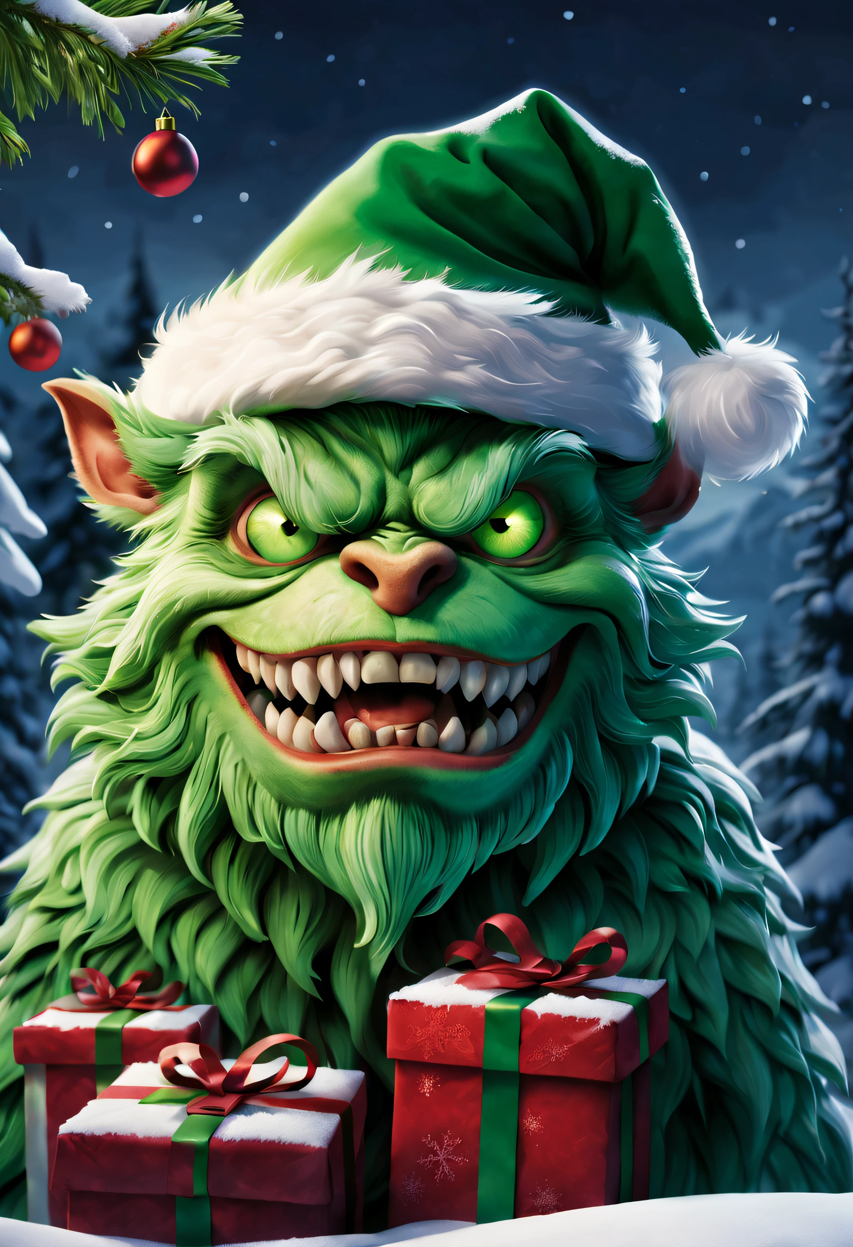 best quality,highres,ultra-detailed,photorealistic,mean,green face,pointy nose,curly smile,evil grin,naughty eyes,evil intentions,snowy mountain background,stealing presents,sneaky attitude,with max detail,masterpiece:1.2,detailed snowflakes,vivid colors,emerald green furred body,humbug,angry expression,hanging Christmas lights,dirty Santa hat,sharp teeth,wrinkly fur,creepy yet captivating,menacing gaze,hiding in shadows,dark winter night ambiance,snow-covered trees,crafted with precision,glowing eyes