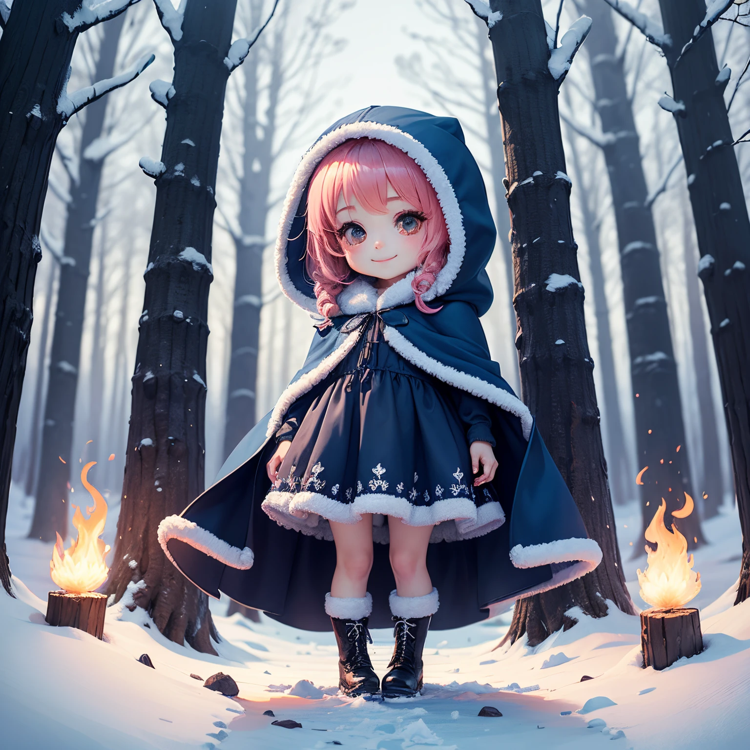 ​masterpiece、top-quality、ultra-detailliert、(Chibi Chara's Daughter:1.2)、Blue Bob、fluffy hood cloak、(cami dress flame:1.2)、Fluffy boots、magical winter forest、Unrealistic、Standing、A smile、
