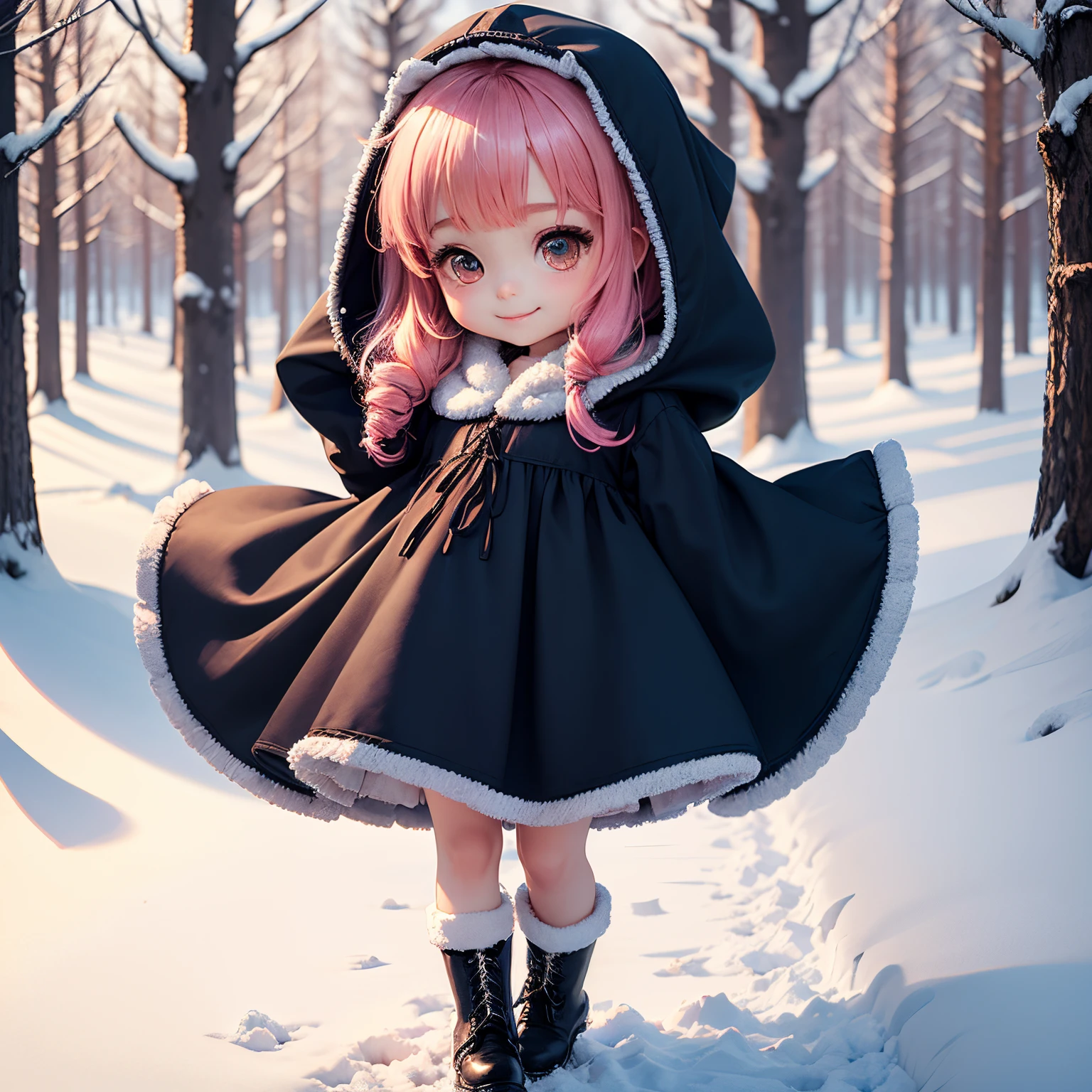 ​masterpiece、top-quality、ultra-detailliert、(Chibi Chara's Daughter:1.2)、Blue Bob、fluffy hood cloak、(cami dress flame:1.2)、Fluffy boots、magical winter forest、Unrealistic、Standing、A smile、