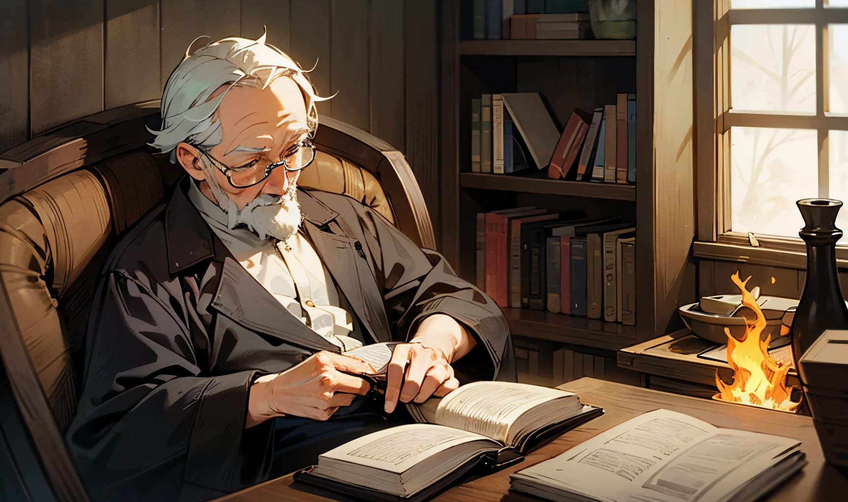warm style ,A little pig sleeping,old house,fire, an old man read a book --auto --s2