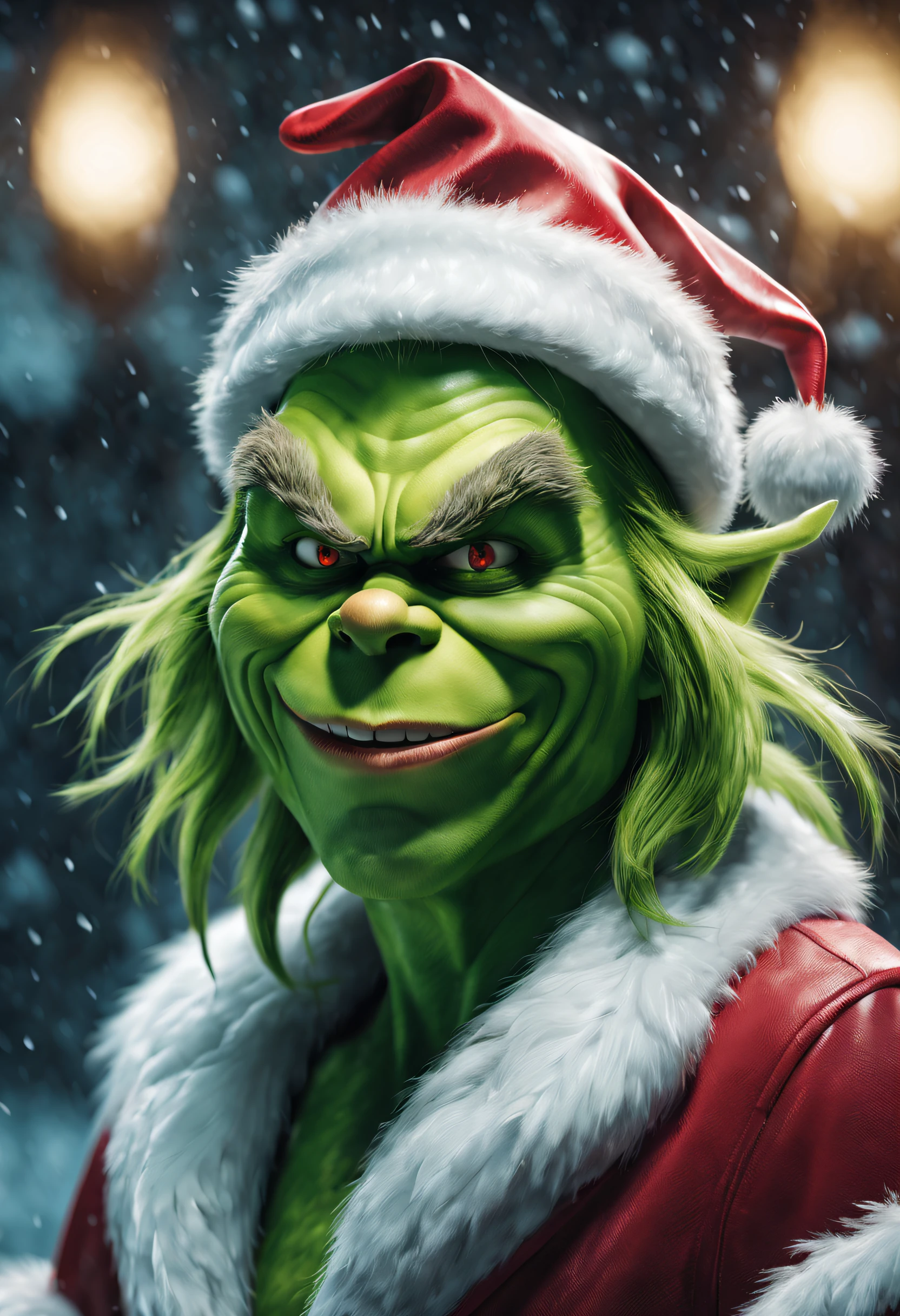 (best quality,4k,highres,masterpiece:1.2),ultra-detailed,realistic,portrait,green-skinned character,close-up,angry expression,detailed eyes and eyebrows,distinctive smirk,wrinkles around the eyes and mouth,ornate Santa Claus costume,furry green hat,elaborate fur collar and cuffs,evil grin,long, bony fingers with sharp nails,pointed ears,stubble on the face,snow-covered background,dark,shadowy lighting,glowing red eyes,jagged teeth,green smoke surrounding the Grinch,ominous atmosphere