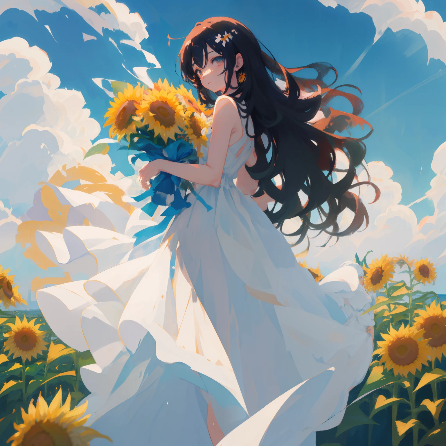Anime girl in a white dress holding a bouquet of sunflowers, Beautiful sunflower anime girl, Anime Art, anime art style, beautiful anime art style, Beautiful anime, High quality anime art style, beautiful anime art, Anime Illustration, beautiful anime artwork, Anime Art Style, beautiful anime style, anime wallaper, Anime art wallpaper 8k, anime moe art style, Anime style illustration Anime girl in a white dress holding a bouquet of sunflowers, Beautiful sunflower anime girl, Anime Art, anime art style, beautiful anime art style, Beautiful anime, High quality anime art style, beautiful anime art, Anime Illustration, beautiful anime artwork, Anime Art Style, beautiful anime style, anime wallaper, Anime art wallpaper 8k, anime moe art style, Anime style illustration There is a brick wall facing the beach, Water walls on both sides, secret entrance, view to the ocean, views to the ocean, looking at the ocean, looking over the horizon, we can see the sea, near the ocean, looking out over the sea, iphone capture, vista de longe, gate to hell, gate to hell