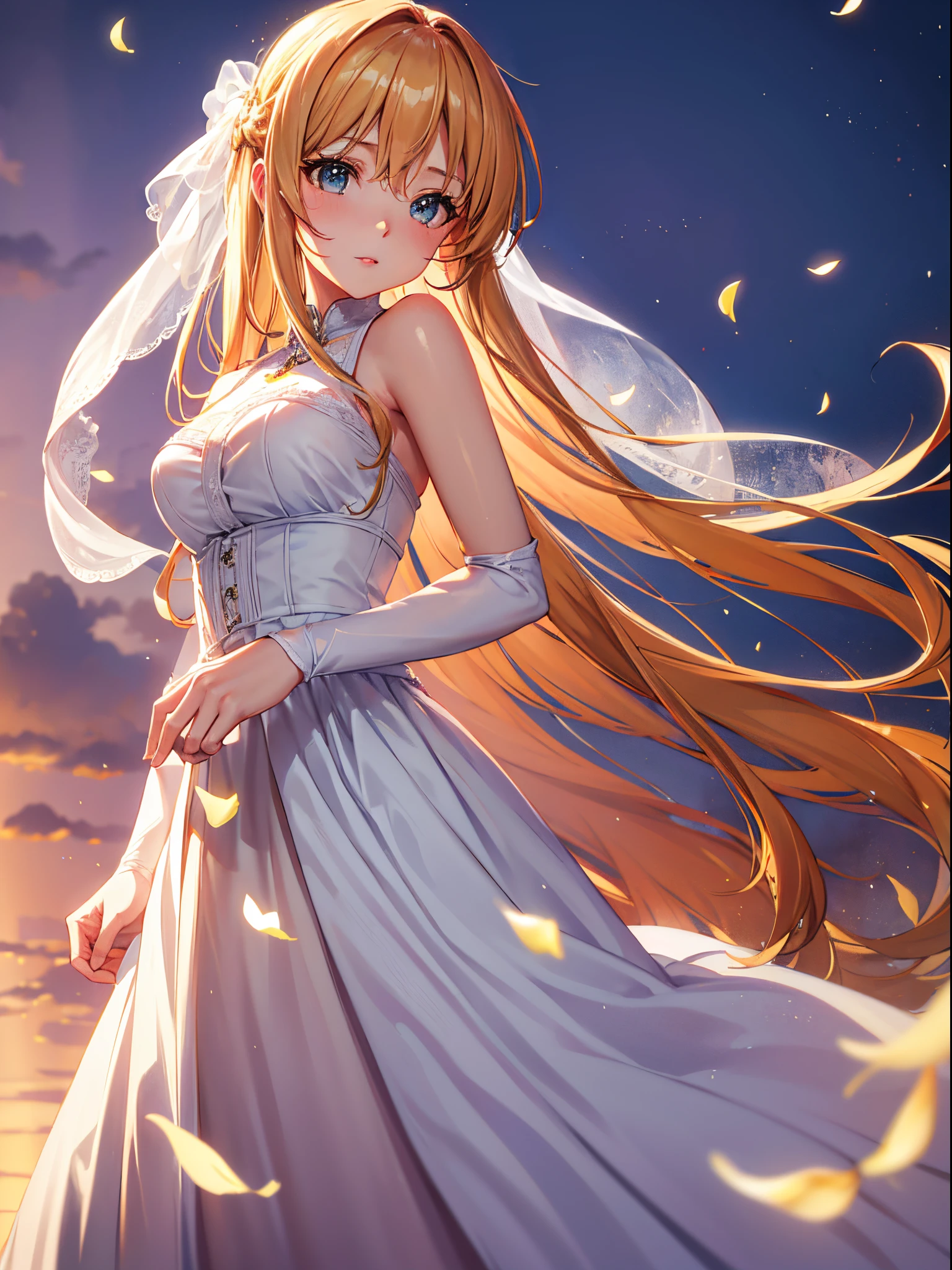 ((beautiful artwork)),Asuna、(Highest Quality:1.3), (masutepiece:1.3),front-facing view、 (Highest detail:1.3), (Top resolution:1.3),(ultla highres:1.3),4K,8K,16 K,(Perfect Anatomy),(Cinematic lighting),((Delicate facial features)),superfine illustration,(hair dripping:1.1), (Detailed hands and fingers:1.2),Colorful, asunayuuki、1girl in, Solo, Wedding, chies,  Cowboy Shot, Beautiful blonde, long back hair, Hair luster:1.3, wedding veil, Beautiful Aqua Eyes:1.5, Moist red lips,, Gorgeous Wedding Dress, Holding the wedding bouquet with both hands, Lens Flare:1.5,  Super Detail: 1.5、Asuna is cute no matter who you look at、