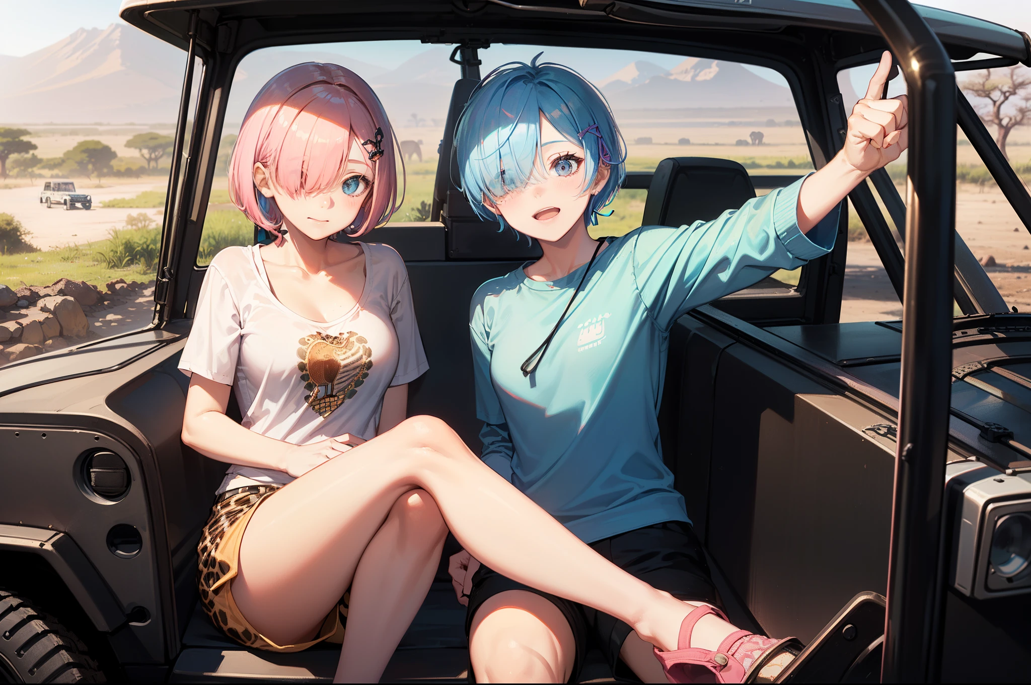 masterpiece, (2girls), couple, ((ram \(re:zero\), (pink hair), (hair tie)), (remrin:1), ramchi, (rem_re_zero, (light blue hair), (hair tie)), (short hair:1.5), (hair over one eye:1.3):1.4), (wearing safari shirt and shorts:1.5), boobs, (shocked face expression:1.3), (smiling face:1.2), (detailed body, detailed hands, detailed faces:1.3), (selfie:1.4), (African jeep safari:1.5), (African giraffe on background)