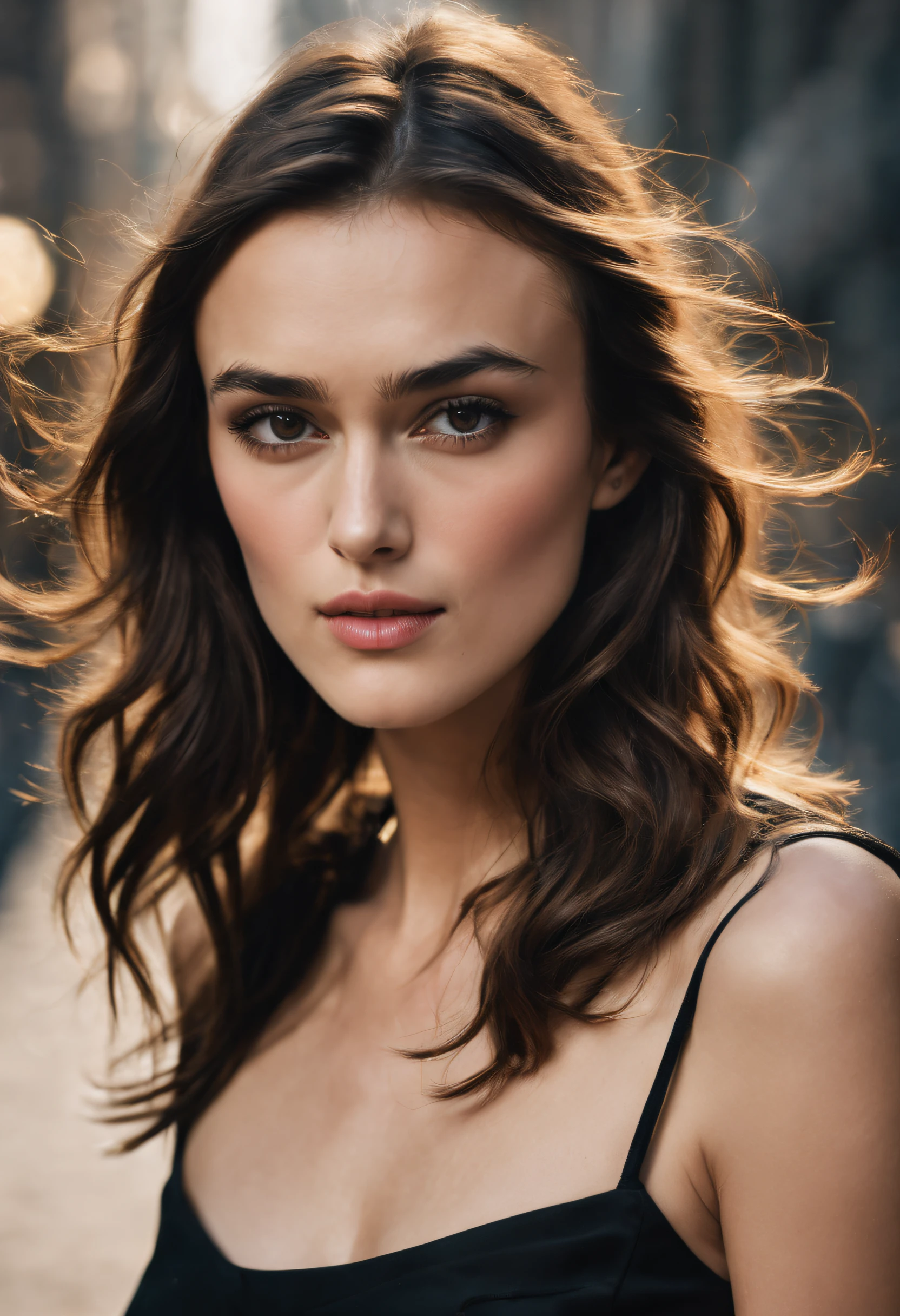 An amazing portrait of a beautiful young brunette woman in dark dress, straight hair, ponytail, great facial feature, perfect eyes, ultra realistic eyes, perfect face, perfect body, cinematic, color analog film photo, realistic hair, ((Perfect Face)), ((Sexy Face)), medium shot of a sexy beautiful girl, Photograph, photorealistic, neutral Pose, ((cute)), (Looking at Viewer), artgerm, cinematic lighting, very high detailed, foggy background, shot on Fujifilm Superia 400, Short Light, 32k, cinematic composition, professional color grading, film grain, atmosphere, wondrous, faded film, desaturated, 35mm photo, grainy, vignette, vintage, Kodachrome, Lomography, stained, highly detailed, found footage , film grain, photography, photoshoot, cinematic lighting, volumetric lighting, insanely detailed, hot, sexy, very seductive, super model, ((sfw)), ((looking at viewer)), ((facing forward)), ((keira knightley)), solo, one person, ((facing Camera)), ((head on)), ((hair out of face)), ((head shot)), ((standing straight)),((neutral pose)), ((pov)), ((mug shot)), ((head shot)), ((full face portrait)), zeiss portrait, leica portrait