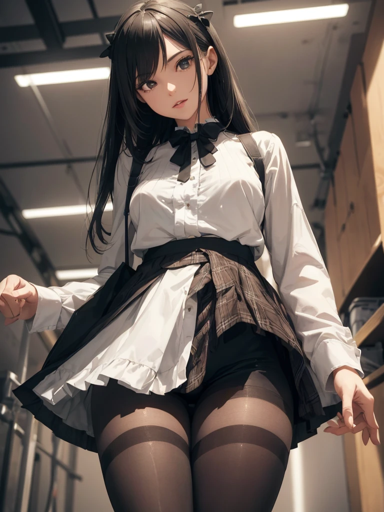 (one girl ) a girl seen from the floor, can wear skirt or shorts, a view from below, long stockings or pantyhose, medium breasts, ((very detailed)), (perfectly detailed face), (very detailed hand), photorealistic image.
