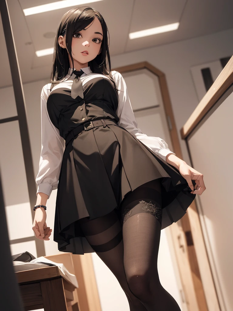 (one girl ) a girl seen from the floor, can wear skirt or shorts, a view from below, long stockings or pantyhose, medium breasts, ((very detailed)), (perfectly detailed face), (very detailed hand), photorealistic image.