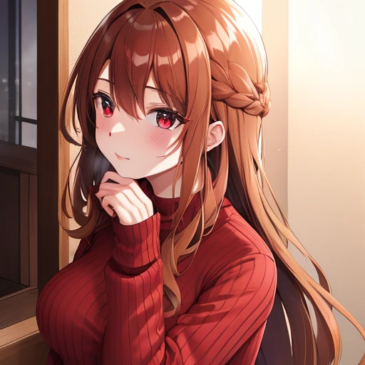 A woman with long light brown hair.., red eyes and brown sweater