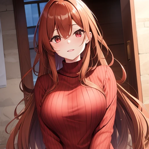 A woman with long light brown hair.., red eyes and brown sweater