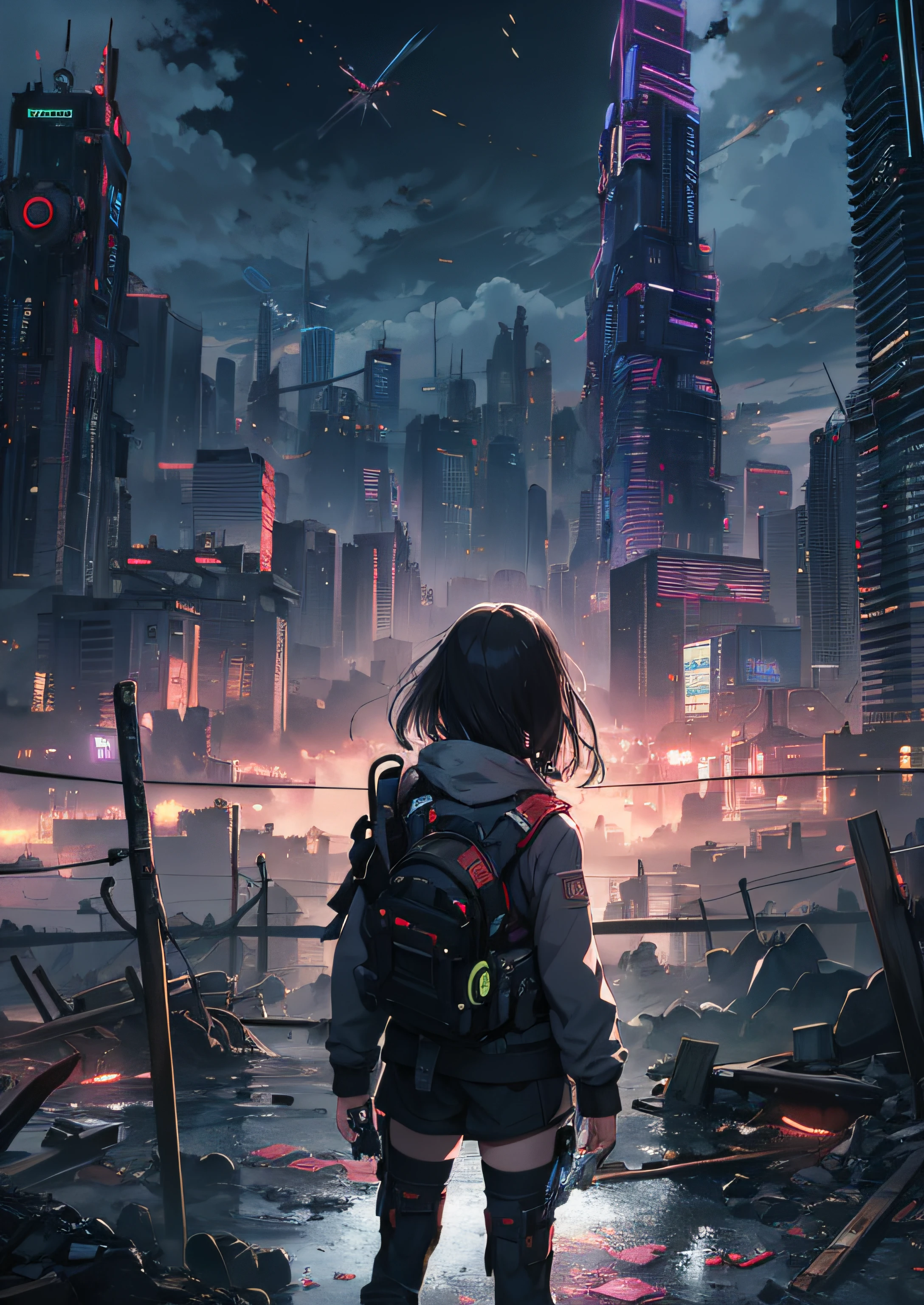 1 girl, girl、Cyberpunk Boy、katana swords,Pointed hairstyle、vests、Bloody everywhere、Composite top view、Back lighting,The beginning of the adventure、Lots of clouds,heavy fog、Midnight,darkness,chaotic future city、ruined and devastated city、dystopian、A group of very complex skyscrapers stands in the center、Highly sophisticated Chinese skyscraper、Pretty dim lighting、Dark road、puddles、Chaotic landscape、Beautiful and fantastic scenery、Cinematic scenery、hightquality、masutepiece,8K、hight resolution、ultra - detailed,