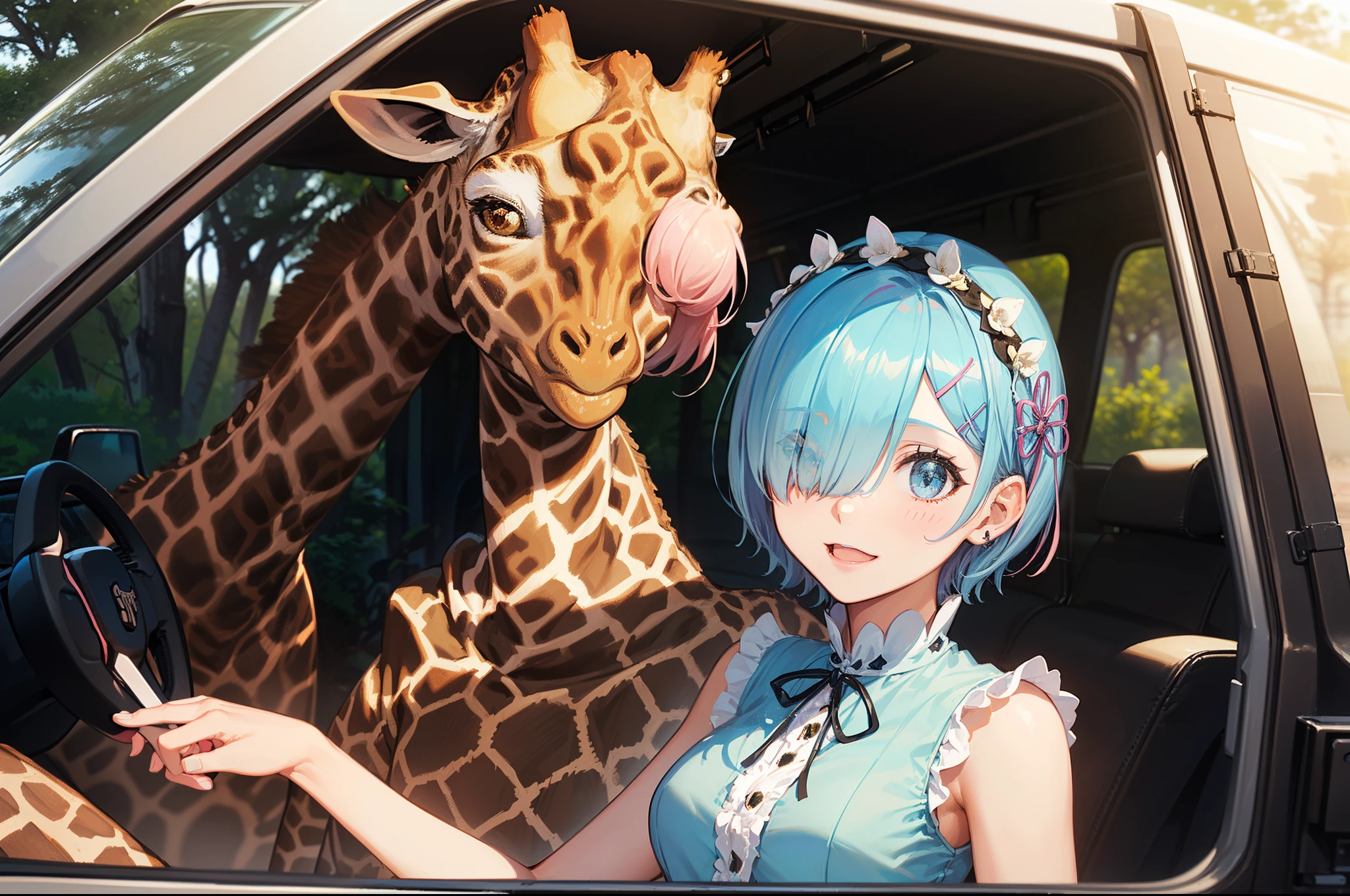 masterpiece, (2girls), couple, ((ram \(re:zero\), (pink hair), (hair tie)), (remrin:1), ramchi, (rem_re_zero, (light blue hair), (hair tie)), (short hair:1.5), (hair over one eye:1.3):1.4), (wearing safari shirt and shorts:1.5), boobs, (shocked face expression:1.3), (smiling face:1.2), (detailed body, detailed hands, detailed faces:1.3), (selfie:1.4), (African jeep safari:1.5), (African giraffe on background:1.3)