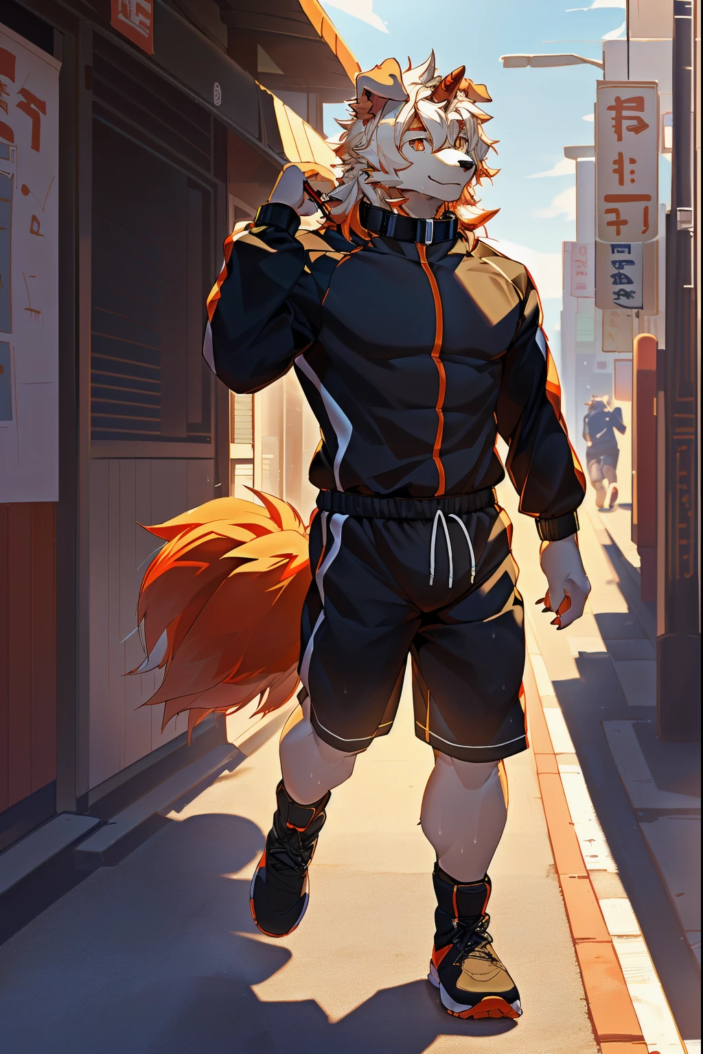 (stay in log, author：ghost of emptiness, by making friends, by honoway, by thebigslick, by fenherz), male people, Alone, Domestic dogs, horn, shrug ears, paws with claws, ssmile, toyko, akihabara, neonlight, the street，tmasterpiece, Best quality, offcial art, extremely detaild的 CG unified 8k wallpapers, ultra - detailed, Best Best Illustration, The best shadow, perfect litthing, White fur, furry male, Dog boy, hairy pubic hair, Two-tone fur, 1 boy, Hair color, malefocus, horn, Striped hair, dog ears, Animal ears, single horn, Brown fur, through bangs, orange color hair, White hair, Medium hair, Orange eyes, Alone, jogging，track suit，boots，sweat shorts，whitestocking，Orange tail，furry tail，Big abs，The light is very gentle，wearing collar on neck，Dog leashes，natta，Tall and strong，Lateral face，full bodyesbian，The calves are bare，