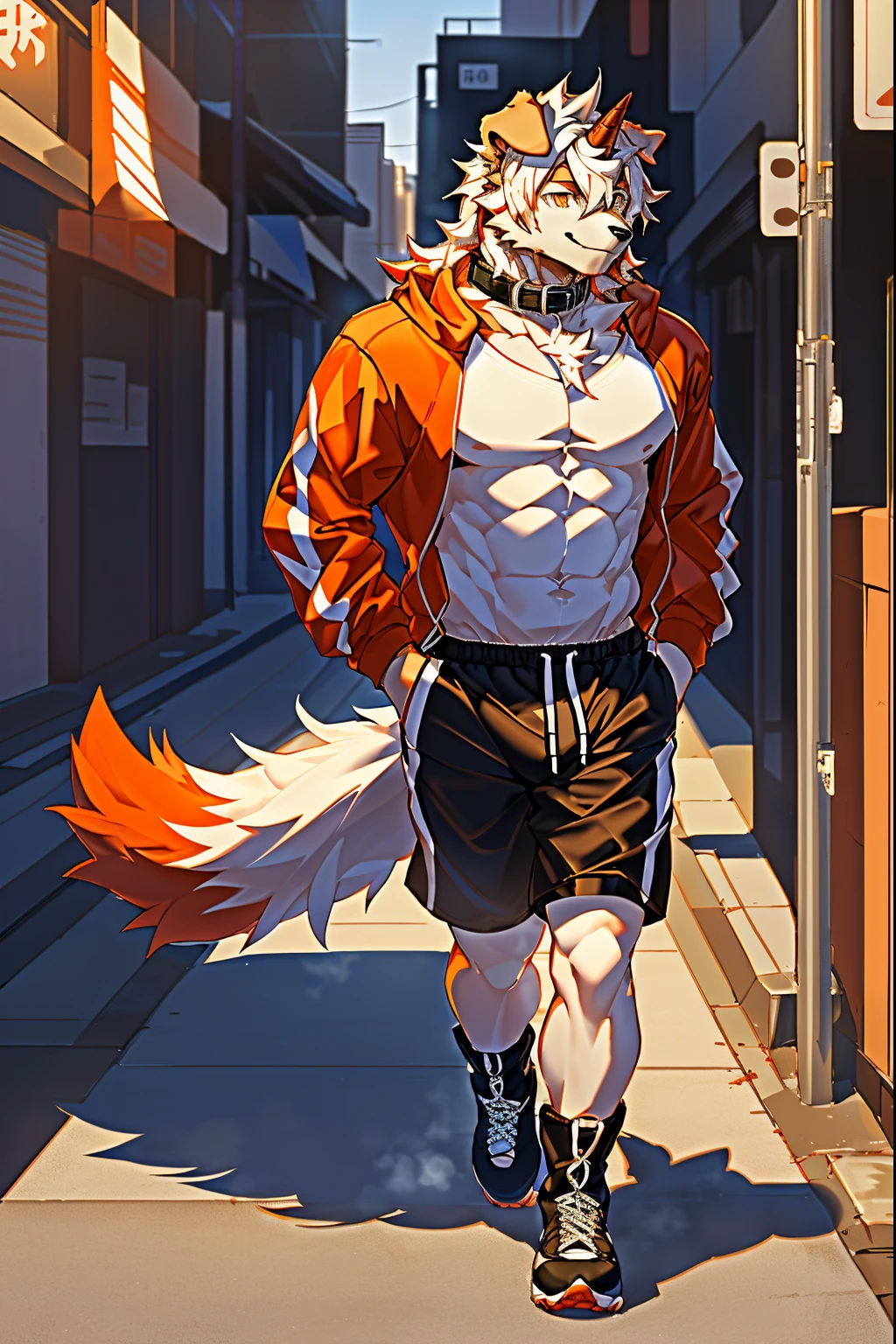 (stay in log, author:ghost of emptiness, by making friends, by honoway, by thebigslick, by fenherz), male people, Alone, Domestic dogs, horn, shrug ears, paws with claws, ssmile, toyko, akihabara, neonlight, the street,tmasterpiece, Best quality, offcial art, extremely detaild的 CG unified 8k wallpapers, ultra - detailed, Best Best Illustration, The best shadow, perfect litthing, White fur, furry male, Dog boy, hairy pubic hair, Two-tone fur, 1 boy, Hair color, malefocus, horn, Striped hair, dog ears, Animal ears, single horn, Brown fur, through bangs, orange color hair, White hair, Medium hair, Orange eyes, Alone, jogging,track suit,boots,sweat shorts,whitestocking,Orange tail,furry tail,Big abs,The light is very gentle,wearing collar on neck,Dog leashes,natta,Tall and strong,Lateral face,full bodyesbian,The calves are bare,Two legs