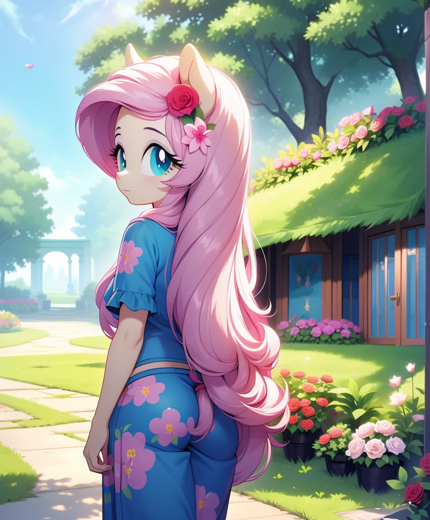 (masterpiece, best quality:1.1), 1girl, solo, ass focus, (my little pony:1.1),ass, from behind, (tail:1.1), looking back, looking at viewer, colored skin, long hair, long hair, outdoors, rose garden, roses, flower, nature, plant, grass, romantic, fragrant, colorful, idyllic, whimsical, (fluttershy)