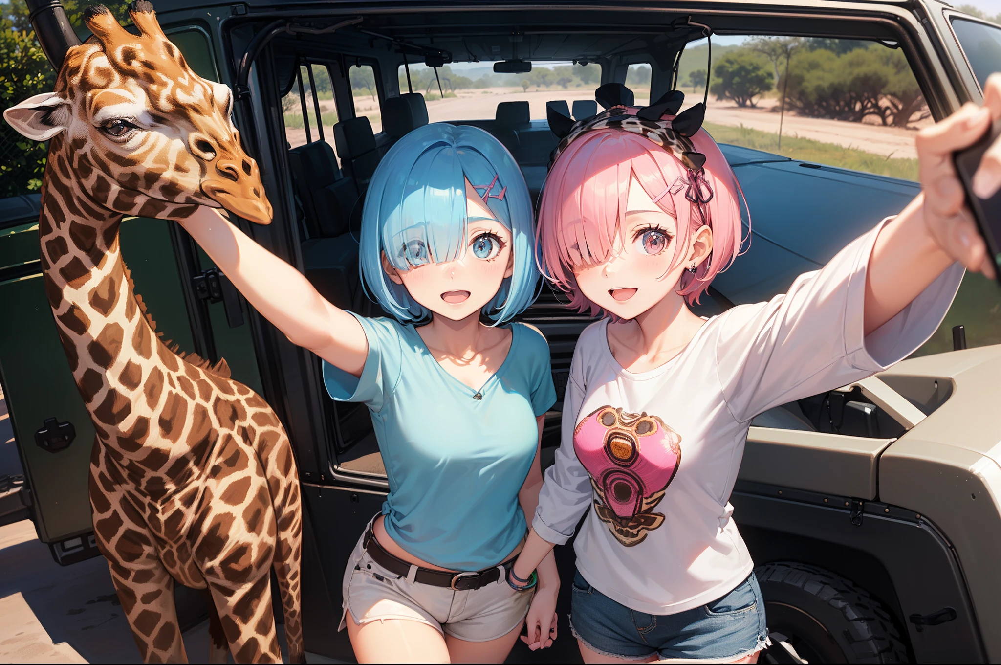 masterpiece, (2girls), couple, ((ram \(re:zero\), (pink hair), (hair tie)), (remrin:1), ramchi, (rem_re_zero, (light blue hair), (hair tie)), (short hair:1.5), (hair over one eye:1.3):1.4), (wearing safari shirt and shorts:1.5), boobs, (shocked face expression:1.3), (smiling face:1.2), (detailed body, detailed hands, detailed faces:1.3), (selfie:1.4), (African jeep safari:1.5), (African giraffe in the distance:1.3)