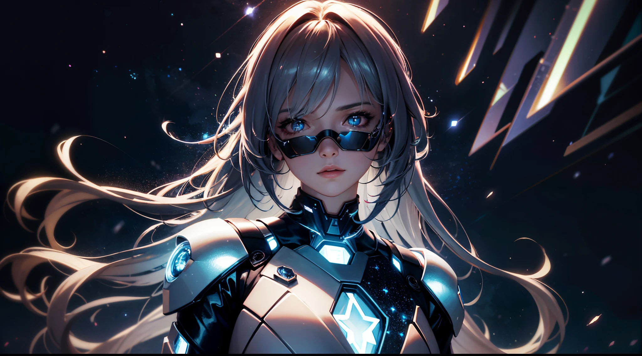 Mechanical girl, As estrelas,Best quality,4K,8K,A high resolution,tmasterpiece:1.2,ultra - detailed,actual,realistically:1.37,3 Rendering,vibrant with colors,Focus sharp,cyber punk personage,detailedfacialfeatures,Body makeover,shiny metallic skin,Deep dark background,starrysky,neonlight,Mechanical limb,The future of dystopia,A technological marvel,futuristic outfit,Strong and confident expression,Utopian metropolis,nighttime scene,beautiful glowing eyes,Long, flowing hair,subtle bokeh effect,industrial machinery,HDR lighting,Tough texture,scifi aesthetic