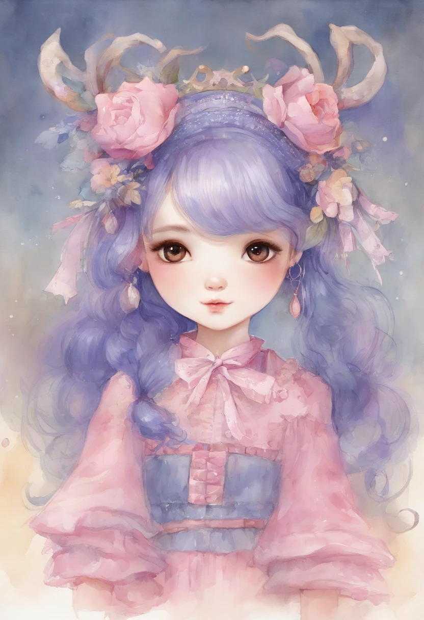 "An image of an anime style character standing。The character has long dark blue hair and large purple eyes.、She is wearing a pink dress with lots of frills.。The dress has yellow star-shaped decorations.。She wears knee-high pink boots、boots are shiny。There's a pink ribbon on her head、A small teddy bear is attached to the center of the ribbon.。The character brings both hands to the side of the head.、Posing to do the peace sign。"