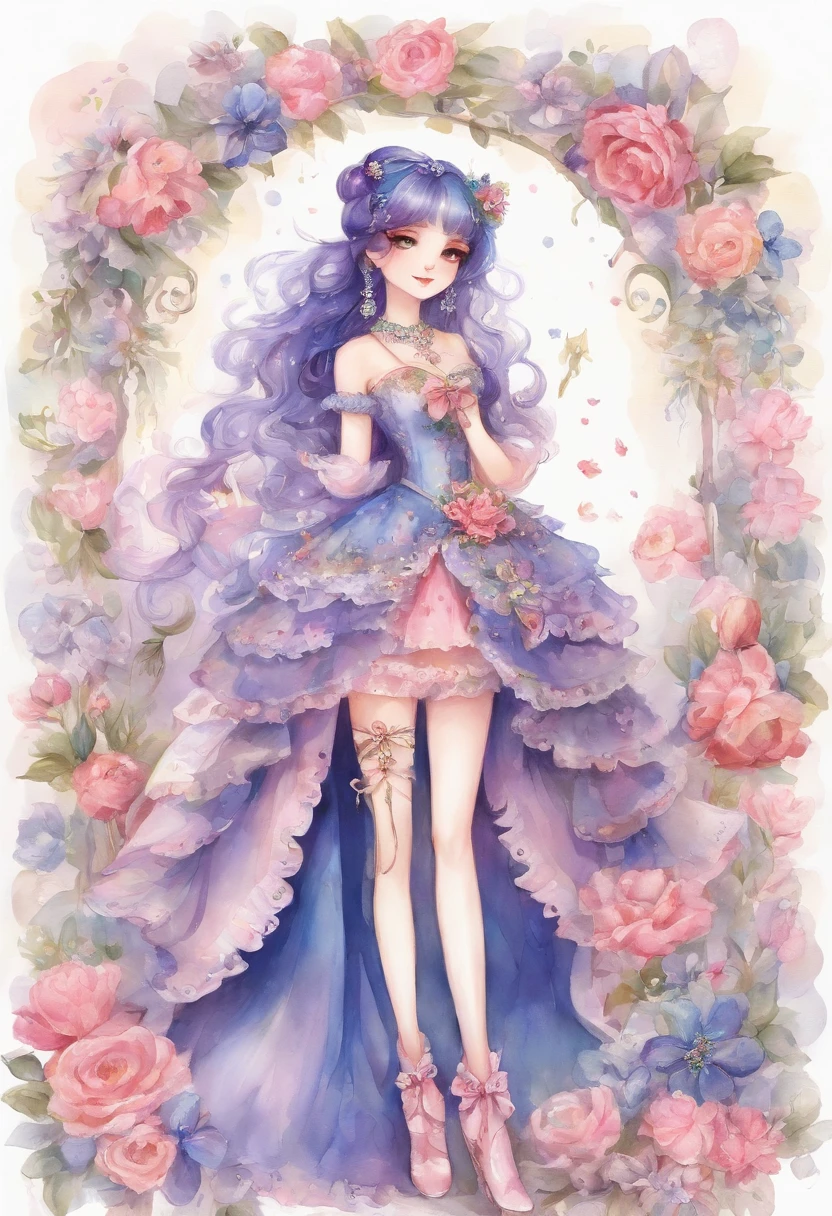 "An image of an anime style character standing。The character has long dark blue hair and large purple eyes.、She is wearing a pink dress with lots of frills.。The dress has yellow star-shaped decorations.。She wears knee-high pink boots、boots are shiny。There's a pink ribbon on her head、A small teddy bear is attached to the center of the ribbon.。The character brings both hands to the side of the head.、Posing to do the peace sign。"