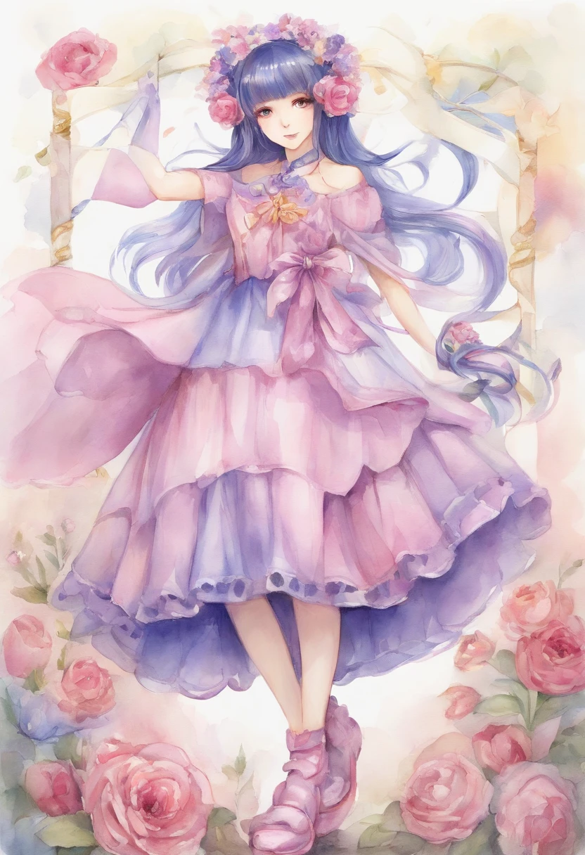 "An image of an anime style character standing。The character has long dark blue hair and large purple eyes.、She is wearing a pink dress with lots of frills.。The dress has yellow star-shaped decorations.。She wears knee-high pink boots、boots are shiny。There&#39;s a pink ribbon on her head、A small teddy bear is attached to the center of the ribbon.。The character brings both hands to the side of the head.、Posing to do the peace sign。"