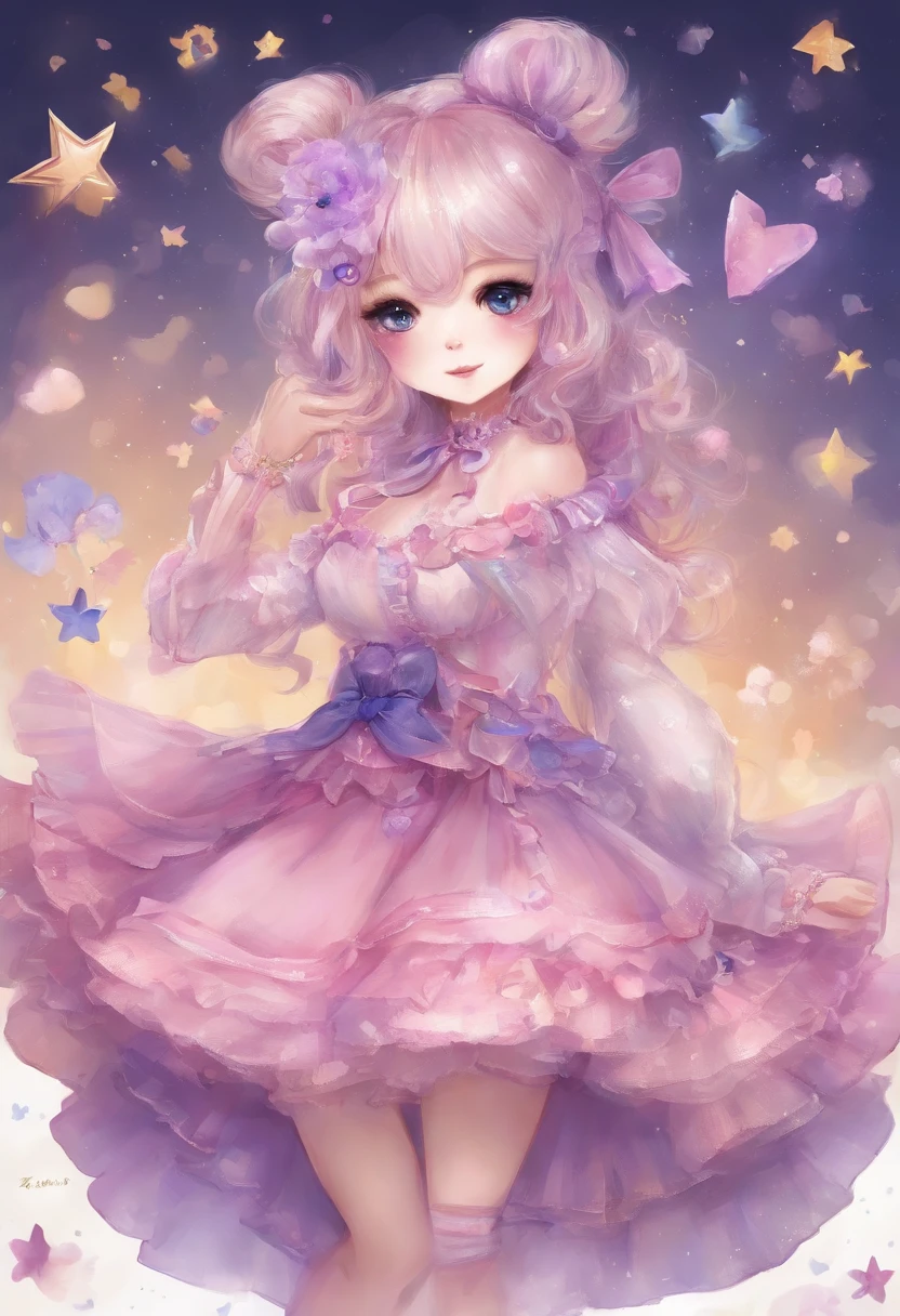 "An image of an anime style character standing。The character has long dark blue hair and large purple eyes.、She is wearing a pink dress with lots of frills.。The dress has yellow star-shaped decorations.。She wears knee-high pink boots、boots are shiny。There&#39;s a pink ribbon on her head、A small teddy bear is attached to the center of the ribbon.。The character brings both hands to the side of the head.、Posing to do the peace sign。"