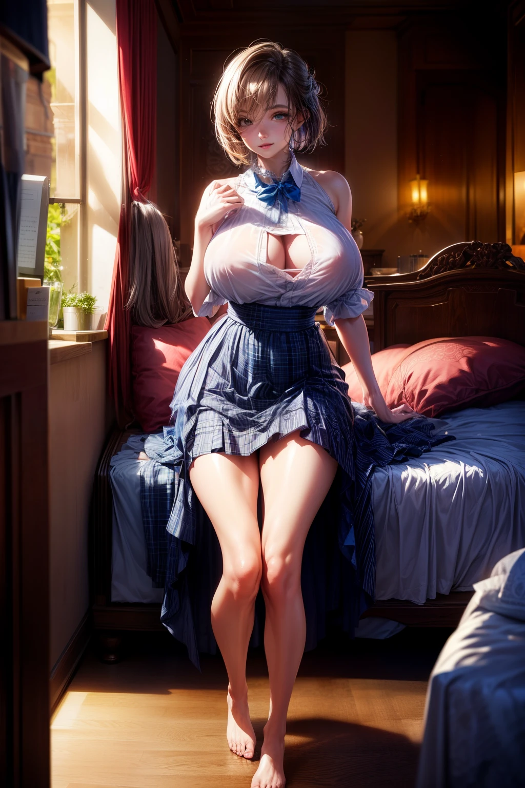 (8K, RAW photogr, Best quality at best, masterection:1.2), (actual, Photorealistic:1.37), ultra - detailed, 1 girl, cute big breasts, Alone, beautiful detailed sky, 详细的脸, the night, sitted, dated, (Be red in the face), (ssmile: 1.1), (shut up), Large breasts, Beautiful exquisite eyes, Unfasten the clasp, (collar shirt: 1.1), neck bowtie, pleatedskirt, (short detailed hair: 1.2), floated hair, Long eyelashes, eye shadows, petty face, largeeyes, Full body photo, exposed bare shoulders, indoor, Beds