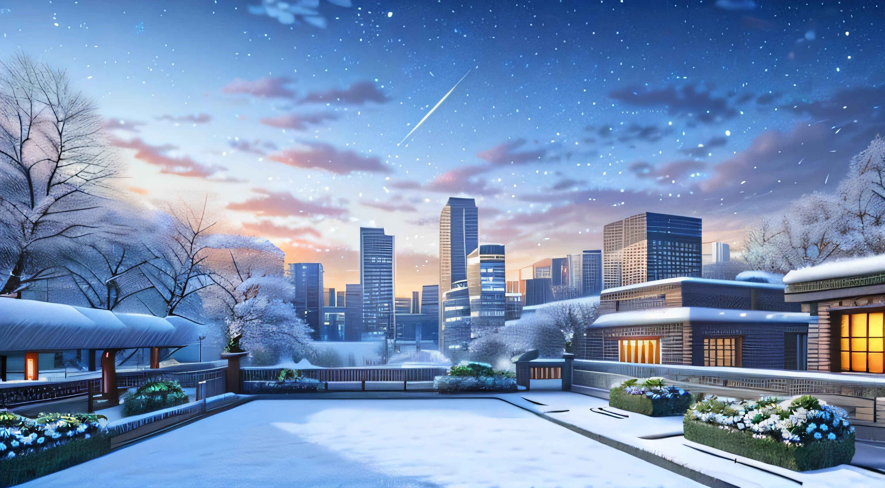 Scenery, City , Garden , floating Snow , Winter , Wind , Cloud , Blue sky , evening , shooting stars in the sky , Sun , Breeze