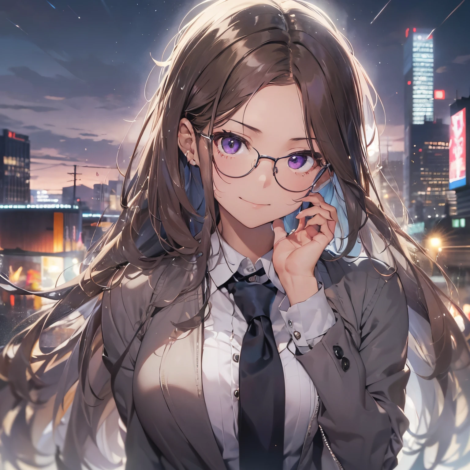 masterpiece、top-quality、(brown colored long hair:1.1)、25 year old woman with purple eyes、wears glasses、Wearing a gray suit、white shirt、(flat breast:1.1)、(A slightly smiling look:1.3)、(Staring:1.5)、(Close-up of the subject's face:1.3)、Place the camera on the side of the subject、background is city at night、Bold composition、Upper body is shown、Alone、