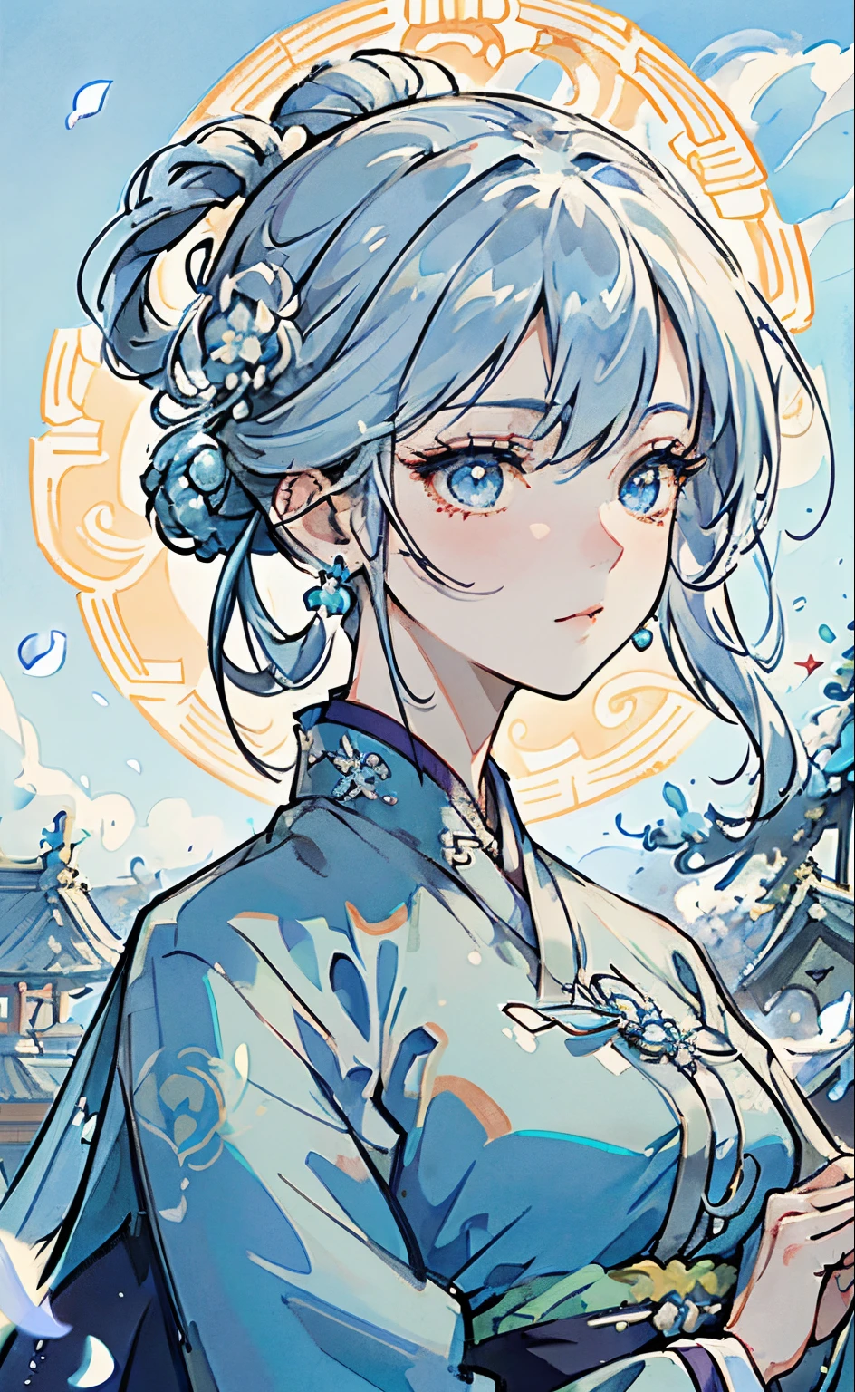 Mature girl, blue and white hair color, floating hair, delicate and flexible eyes, intricate brocade hanfu, gorgeous accessories, wearing pearl earrings, FOV, f/1.8, masterpiece, ancient Chinese style architecture, blue sky, flower petals flying, front portrait shot, Chang'e, side lighting, sunlight shining on people