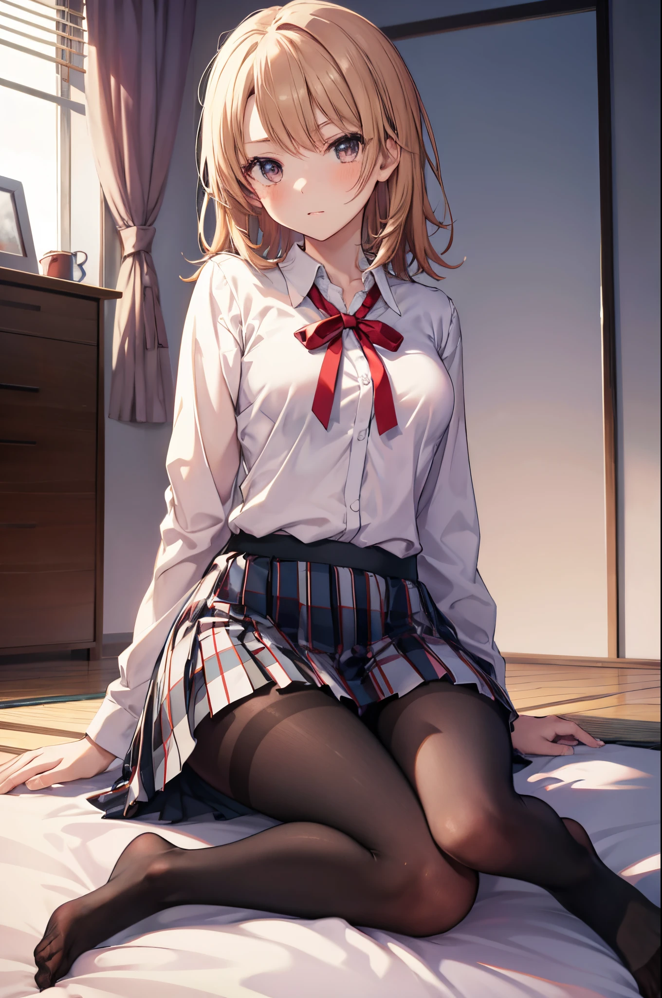 Iroha Isshiki, An 18-year-old Japanese girl with a mature and slender figure, slightly disheveled hair, full body portrait from head to toe, red face, shy expression, composition from the front, composition from slightly below, front view Sitting face to face, legs spread in an M-shape, black pantyhose, (black pantyhose): 1.2), white panties visible, small breasts, white panties visible, no shoes, Bedroom, inside the room, daytime, looking at the viewer, panties, frontal composition, looking at the viewer, slender legs, slender thighs, slim toes touching the floor, soles of the toes A short pleated skirt with a plaid pattern, posing with her hands hidden behind her back, blazer high school uniform, high school girl