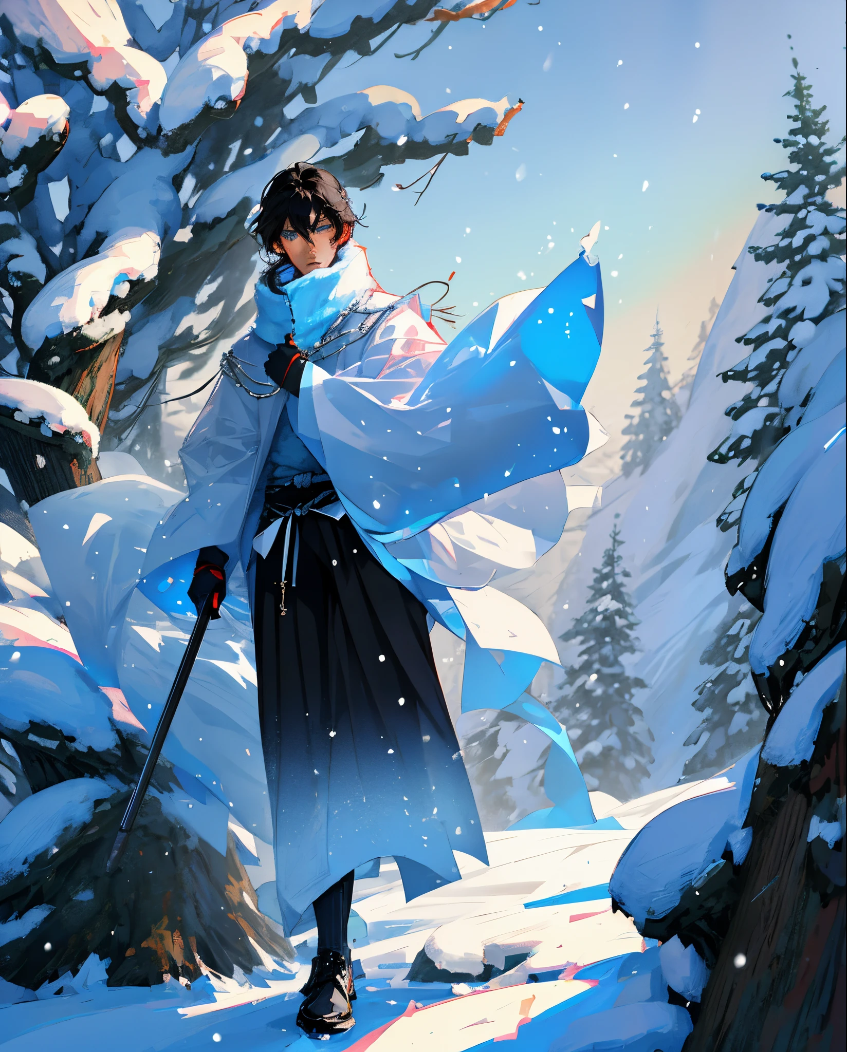 Male, yuki-onna, man, Ice, snow, magic, mountain, forest, winter, winter cloths, black hair, blue eyes, sad, forlorn, longing, lonely,