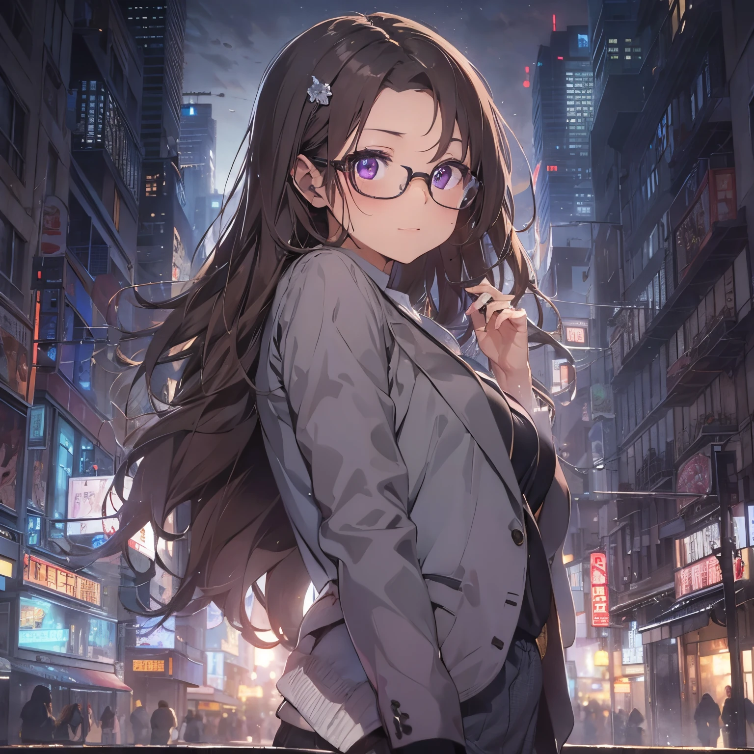 ​masterpiece、top-quality、(brown colored long hair:1.1)、25 year old woman with purple eyes、wears glasses、Wearing a gray suit、white  shirt、(flat breast:1.1)、(A happy and troubled expression:1.3)、(Staring:1.5)、(Close-up of the subject's face:1.3)、Place the camera on the side of the subject、background is city at night、Bold composition、Upper body is shown、Alone、