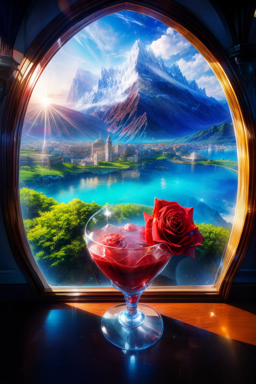 Sunlight in the crystal glass on the seaside, With mountains as a backdrop, Regular classical shaped glass, Open from above, hereinafter, next to glass, It's a red rose, High quality realistic photography
