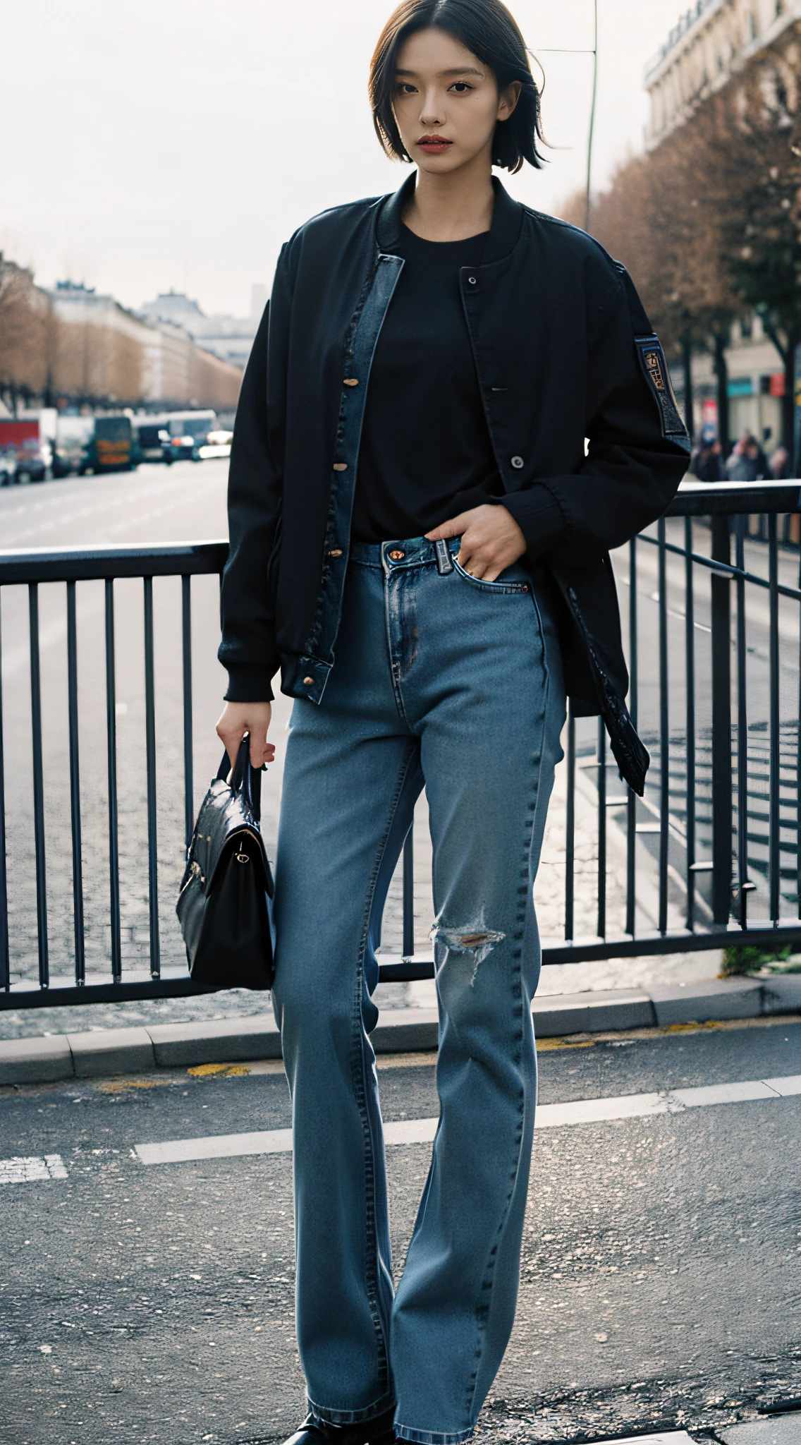 Best quality,tmasterpiece,超高分辨率,(realness:1.4),RAW photos,Cinematic texture,1beatiful girl,Standing on the bridge wearing a black jacket and jeans,in paris, Loose jeans, denim pant, bomber jacket and jeans, jeans and black boots, ( ( ( Wear jeans ) ) ), Denim, Wear jeans, denim pant, A mix of aesthetics, Short shirt with jacket, Jeans pants, blue denim pants, denim pant,Stand casually,legs long,good body,photo taken, Instagram