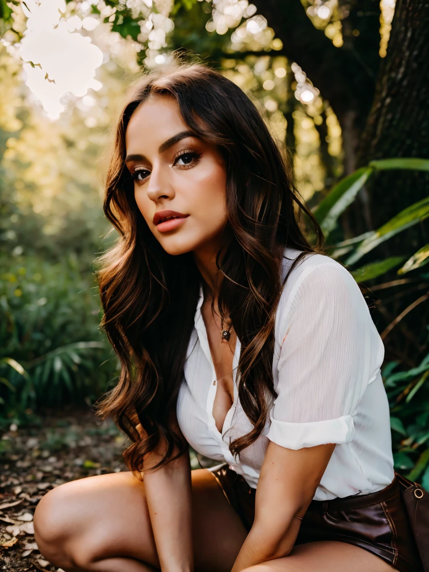 Sexy woman, Albanian, 30 years, cute, neat face, detailed, small neat nose, neat plump lips, big eyes, neat eyes, brown eyes, Alice Milano, long hair, curly hair, natural shine, chocolate hair, full body, gorgeous, city girl, western, windy hair, sunny day, wearing bohemian style and short, floating flowers arounded, energic poses, forest background, night day, ambient lighting, realistic trees, analog film color style, sigma 24mm f1.2 lens, ultra realistic, highly detailed, 8k, full body view, high resolution image, 64 megapixel image, close-up of body and face, casual wear, shoes, dynamic poses