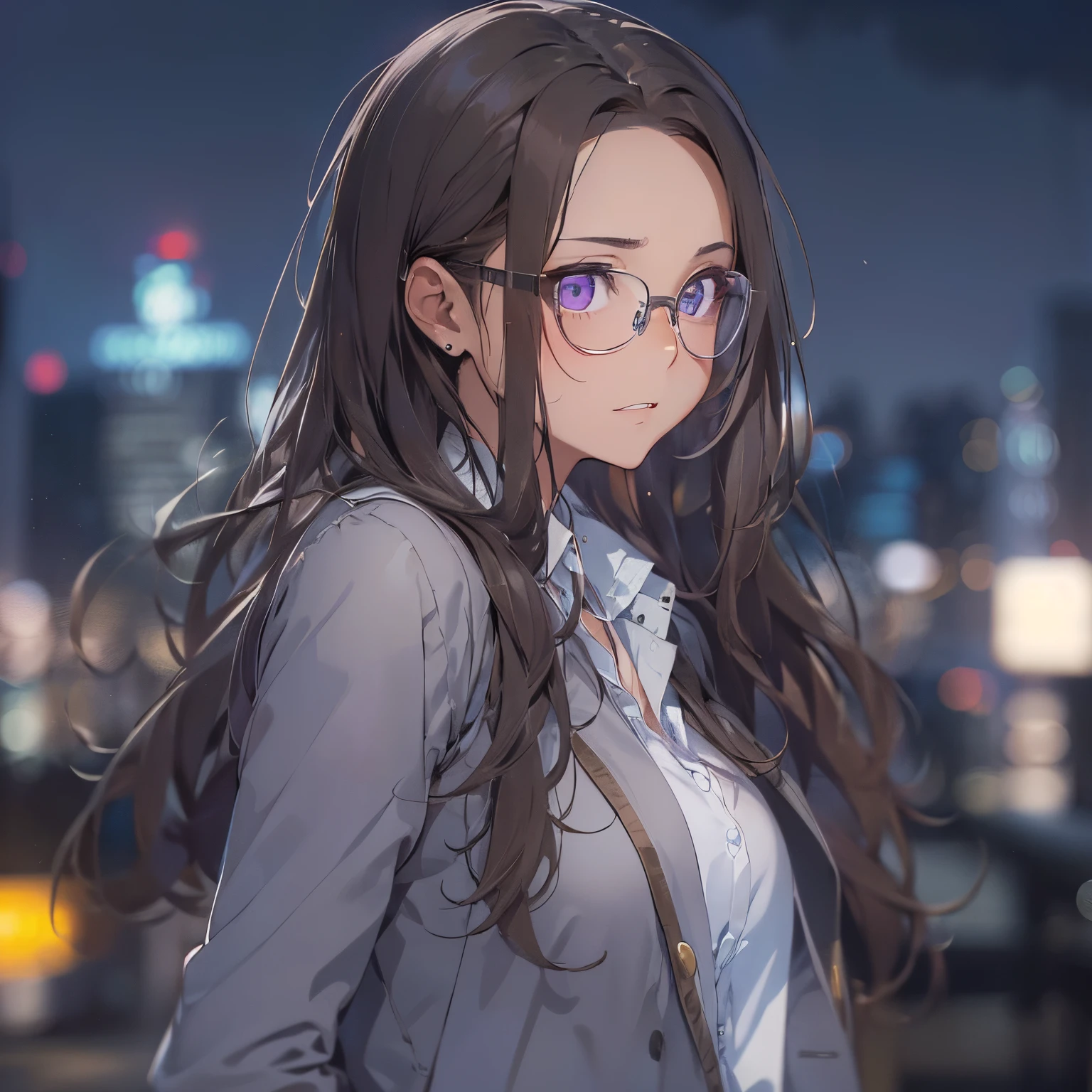 masterpiece、top-quality、(brown colored long hair:1.1)、25 year old woman with purple eyes、wears glasses、Wearing a gray suit、white shirt、(flat breast:1.1)、(A happy and troubled expression:1.3)、(Staring:1.5)、(Close-up of the subject's face:1.3)、Place the camera above the subject、background is city at night、Bold composition、Upper body is shown、Alone、