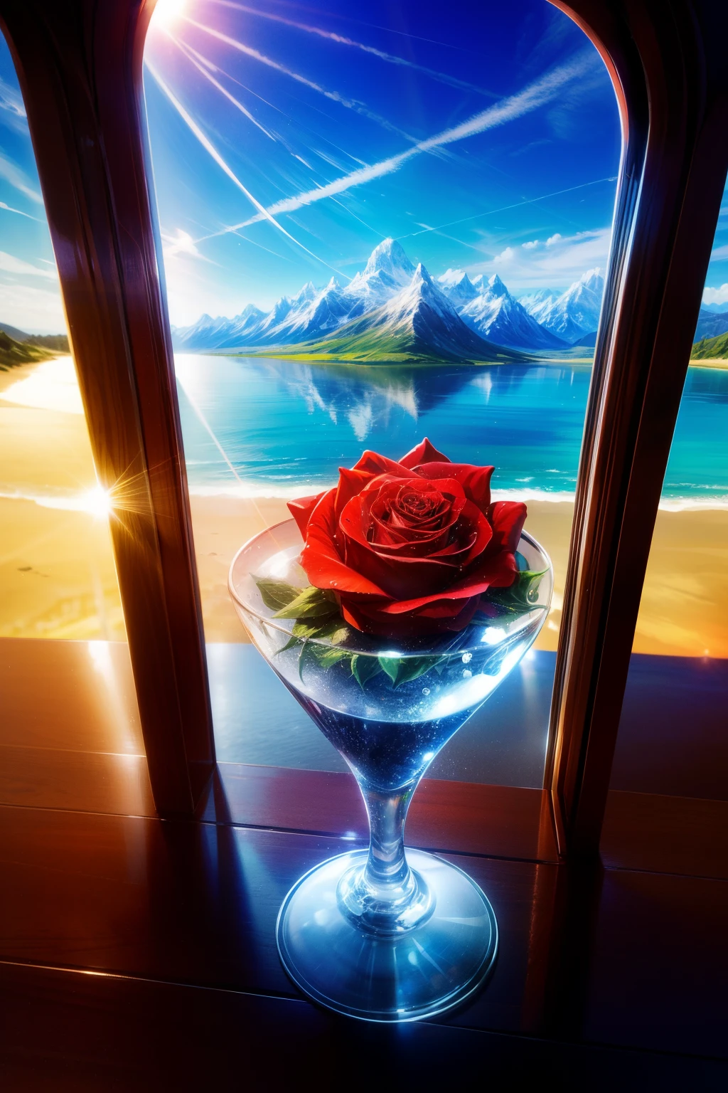 Sunlight in the crystal glass on the seaside, With mountains as a backdrop, Regular classical shaped glass, Open from above, hereinafter, next to glass, It's a red rose, High quality realistic photography