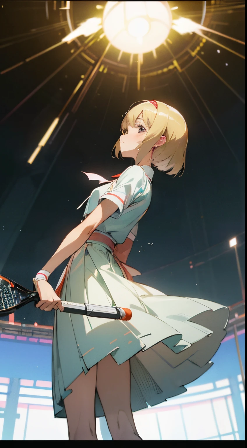 Takeo Takei, Ken Bald, Heath Robinson, Surreal, mysterious, strange, fantastical, fantasy, Sci-fi, Japanese anime, beautiful blonde miniskirt girl Alice enjoying tennis, perfect body, dynamism, Alice wins and the audience goes wild, hyper detailed masterpiece high resolution definition quality, depth of field cinematic lighting colour drawing