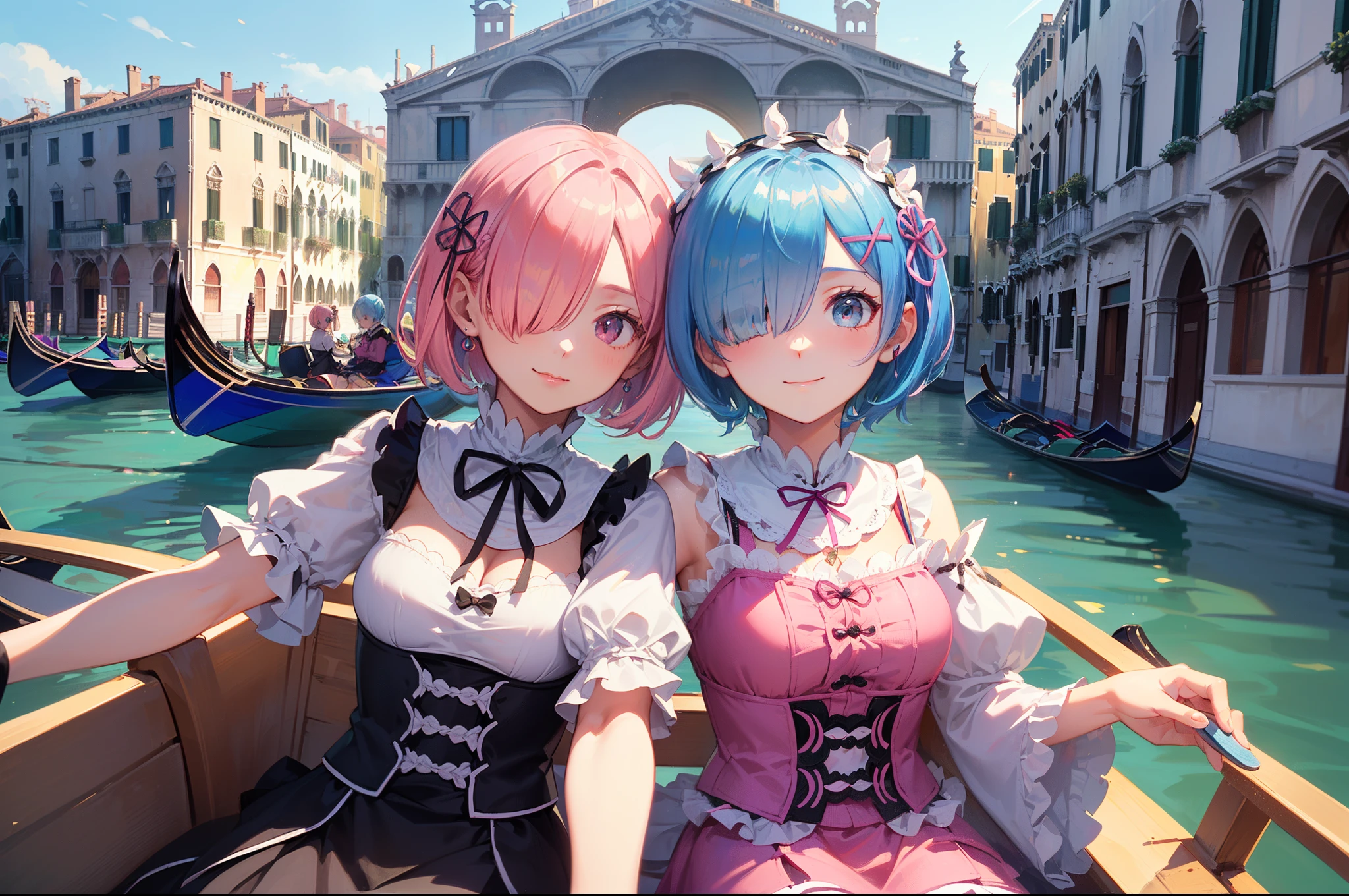 masterpiece, (2girls), couple, ((ram \(re:zero\), (pink hair), (hair tie)), (remrin:1), ramchi, (rem_re_zero, (light blue hair), (hair tie)), (short hair:1.5), (hair over one eye:1.3):1.4), (wearing old time dress:1.5), boobs, (kissing face expression:1.3), (smiling face:1.2), (detailed body, detailed hands, detailed faces:1.3), (selfie:1.45), (the canals of Venice), (seating in a gondola:1.25), (detailed gondola:1.5), (Venice on background:1.3)