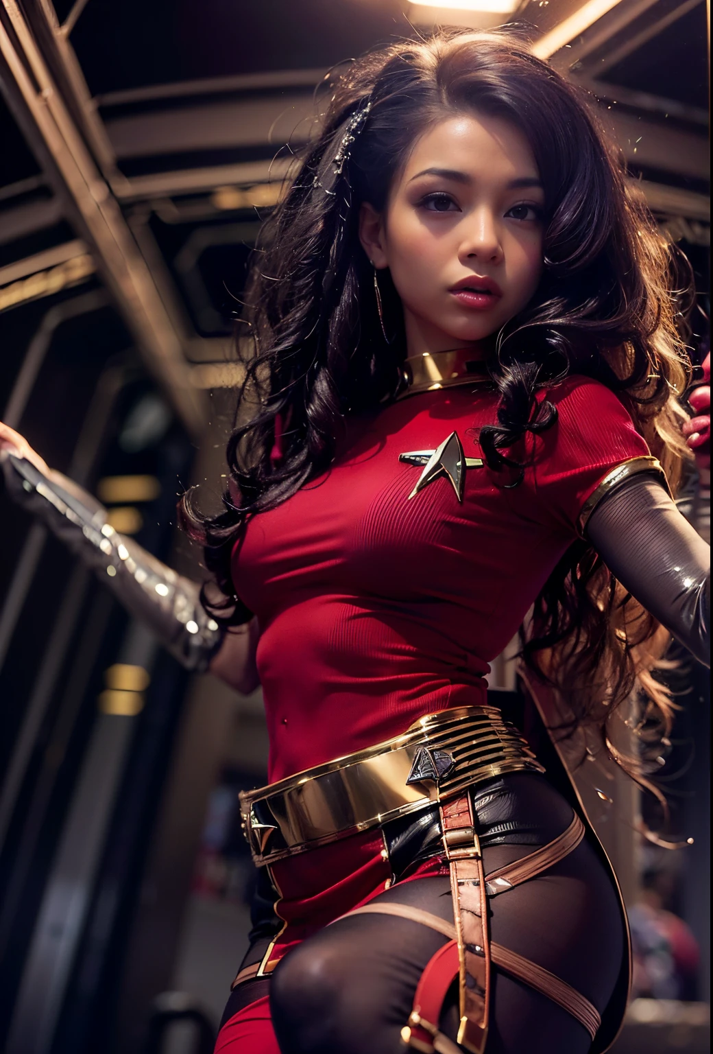 ((21-year-old))), black girl, (((light skin))), (((full body pose))),  (((long curly black hair))), (((wearing red Star trek uniform dress, pantyhose, and heels))), (((submissive girl))), (((metal choker))), (((starship scene))), dark fantasy, (((thigh gap with cameltoe))), Rich, Deep Colours, (intricate details:0.9), (HDR, hyper-detailing:1.2), (natural skin textures, hyper realisitc, glistening skin, soft light, Sharp),