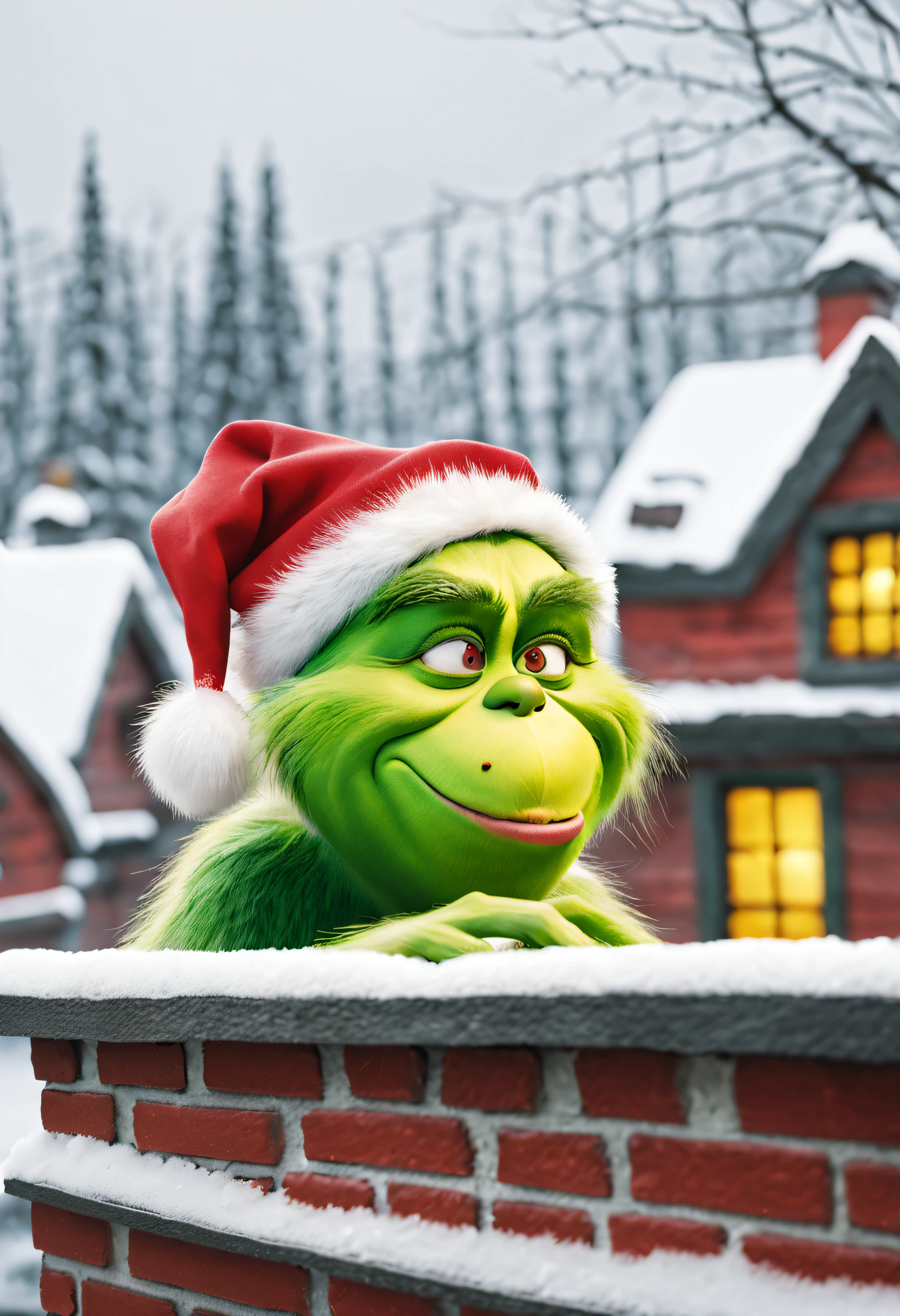 high-quality,ultra-detailed,photorealistic:1.37,Grinch stealing Christmas presents in a snowy town,wicked grin,green furry body,crafty yellow eyes,long sinister fingers,naughty expression,mischievous stance,whimsical background,vivid colors,gloomy lighting,classic portrait style,contrast of red and green colors,lit-up Christmas tree in the background,snow-covered roofs and streets,evokes the spirit of mischief and holiday cheer