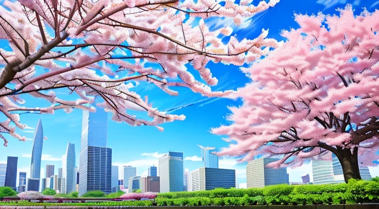 Scenery , City , ,Skyscrapers , Garden ,Sakura Tree , Sakura Leaves Floating , Spring , Wind , Cloud , Sky , Day