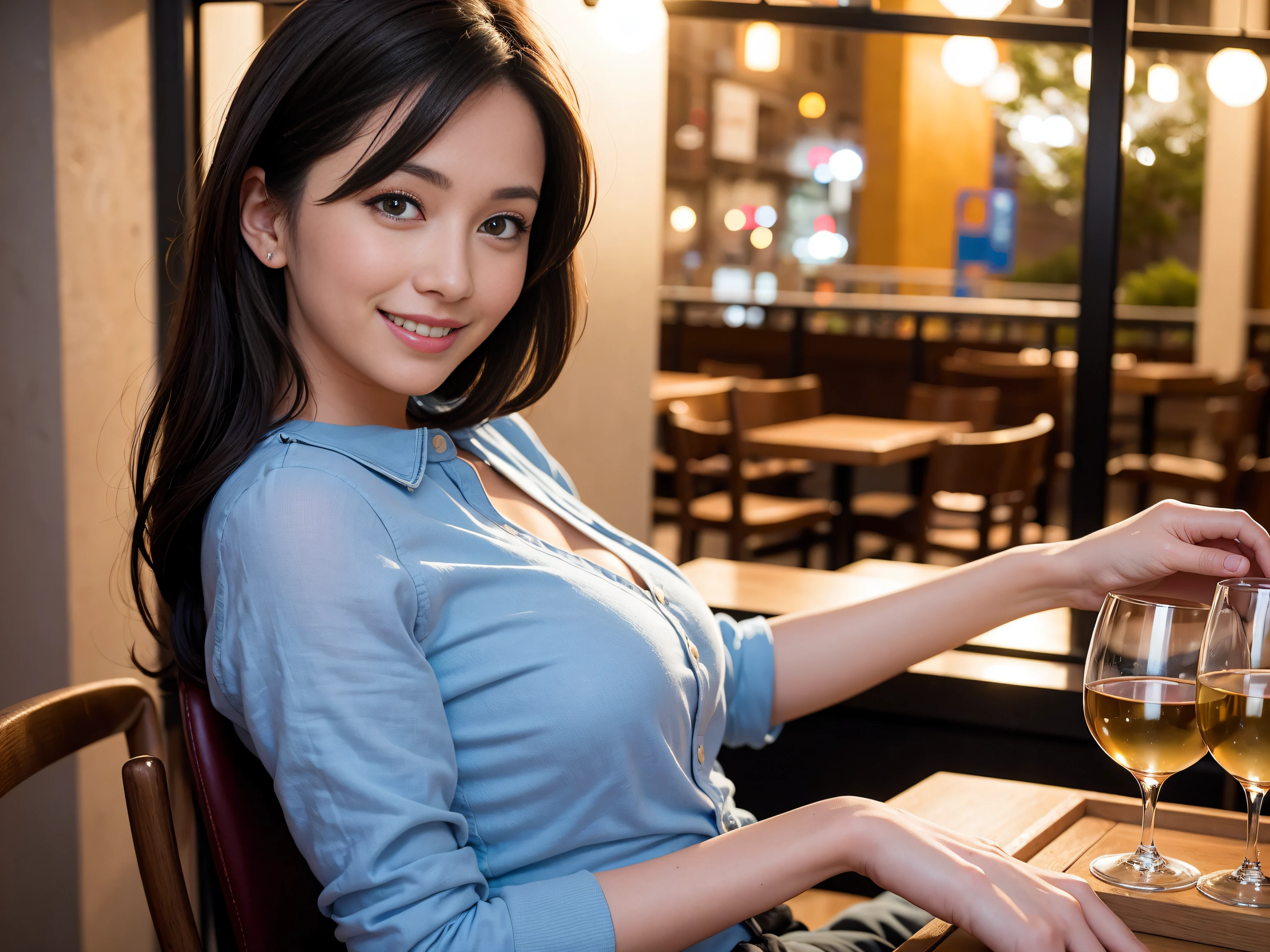 (64K, UHD, top quality, masterpiece: 1.2), (realistic, photorealistic: 1.37), super detailed, pretty woman 1 person, (slim face), (slim body), (brown hair), (short cut), cheeks slightly blushing, (44 years old), 38 years old, solo, beautiful detailed urban night view outside the window, restaurant, wine glasses sit, at night, in a prominent placeNovaFrogStyle, Actress, Model, Waist Up, White Wine, Slim, Wine Glass, Super Clean Night View, Wine Glass Put in the Middle, Happy Smile, (Smile: 1.15), Beautiful Fine Eyes, Upper Body, Bust Japan Up, Night, Short, Short, Actress, Model, Waist Up, White Wine, Slim, Wine Glass, Super Clean Night View, Wine Glass Put in the Middle, Happy Smile,