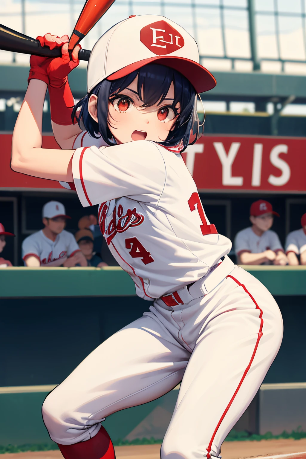 Cartoon baseball player swinging a bat towards the ball、male child、Tokyo Dome、Batter Box、Red Hat、White uniform、 超A high resolution,top-quality,Realistic bat swing details、The moment the ball hits the bat、One bat、