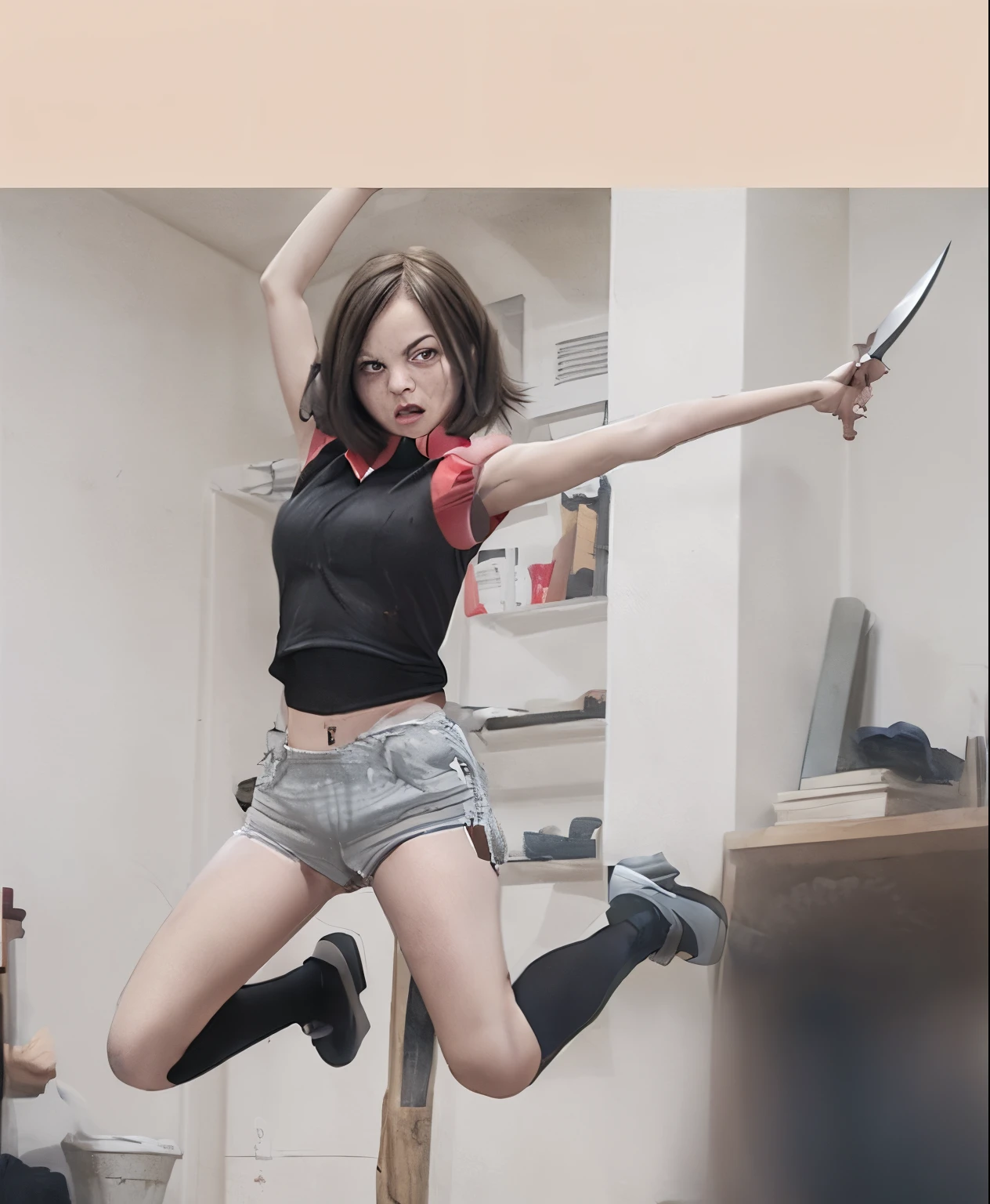 Jumping short-haired girl with an angry expression, holding a machete in her hand and wearing a short red costume