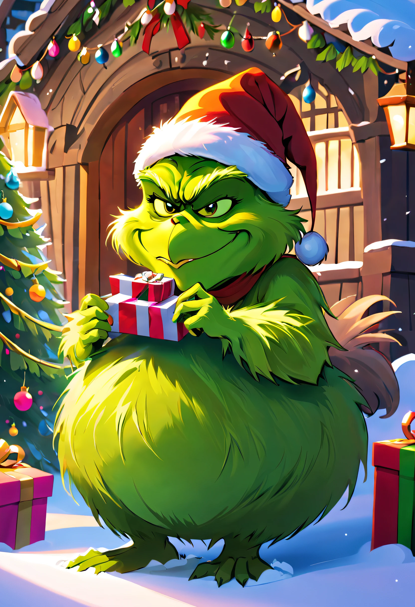 The Grinch with detailed expression and vibrant green fur, festive Christmas atmosphere, Santa Claus costume, mischievous grin, surrounded by beautifully decorated presents and ornaments, snowy landscape, realistic lighting and shadows, high-resolution rendering, intricate details, magical winter scenery, lively colors, whimsical art style, enchanting holiday vibes. (best quality, 4k, highres, ultra-detailed), (realistic, photorealistic), (concept art, fantasy), (vivid colors), (winter, holiday), (festive decorations), (jolly, mischievous), (detailed face and costume), (snowy landscape), (enchanted), (warm lighting).